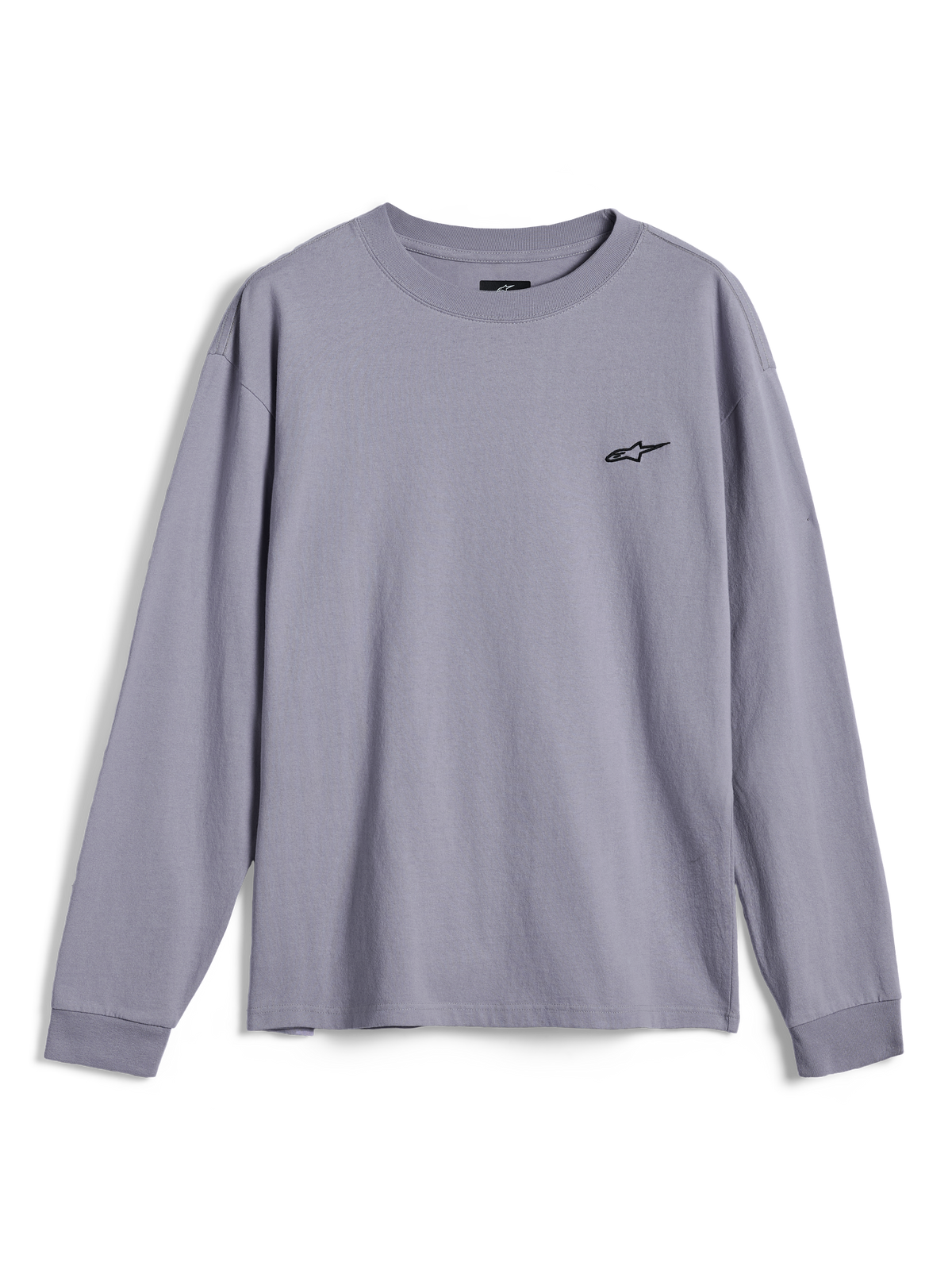 Alpinestars Essentials Ageless LS Tee, camiseta de manga larga, color plateado, con un pequeño logotipo negro de Alpinestars en el pecho, ajuste relajado, estilo urbano casual de motorsport