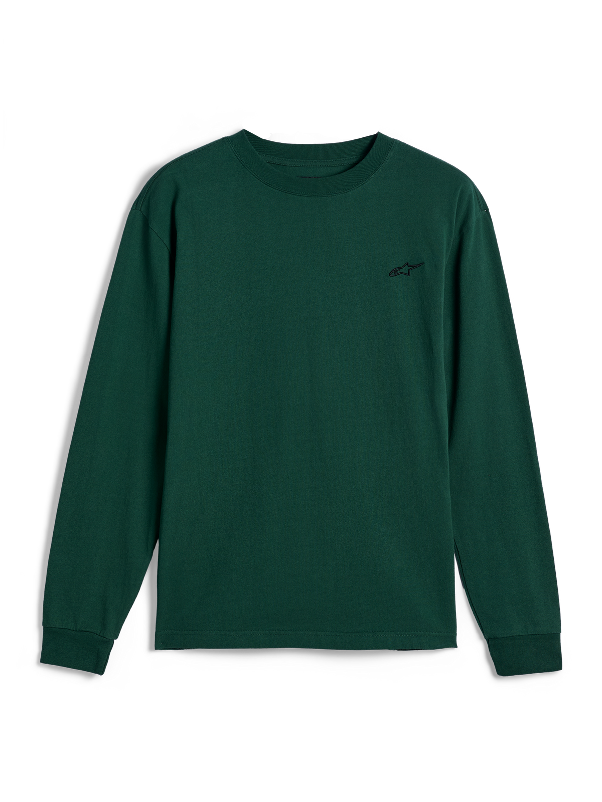 Alpinestars Essentials Ageless LS Tee, camiseta de manga larga, verde pino, pequeño logotipo negro bordado en el lado izquierdo del pecho, estilo casual motorsport streetwear