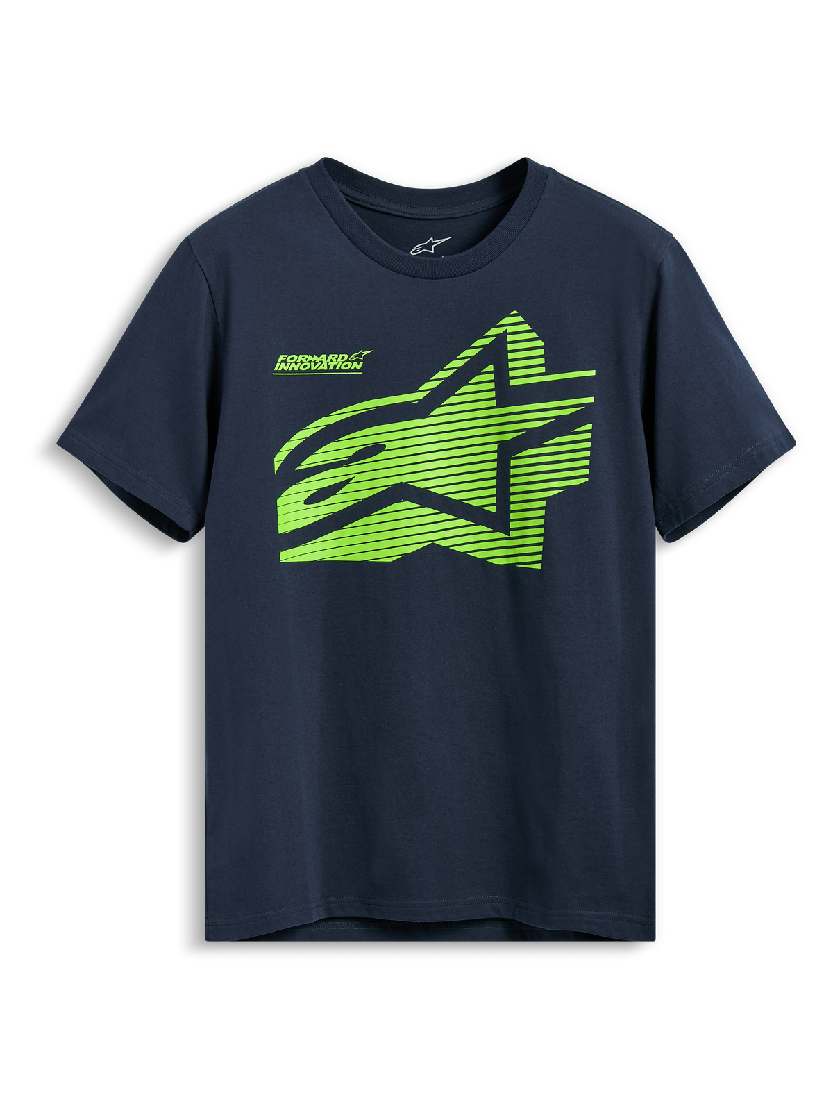 Camiseta Alpinestars Fasting CSF, camiseta de manga corta, azul marino, logotipo geométrico de Astars en verde lima con el texto Forward Innovation, ropa deportiva casual