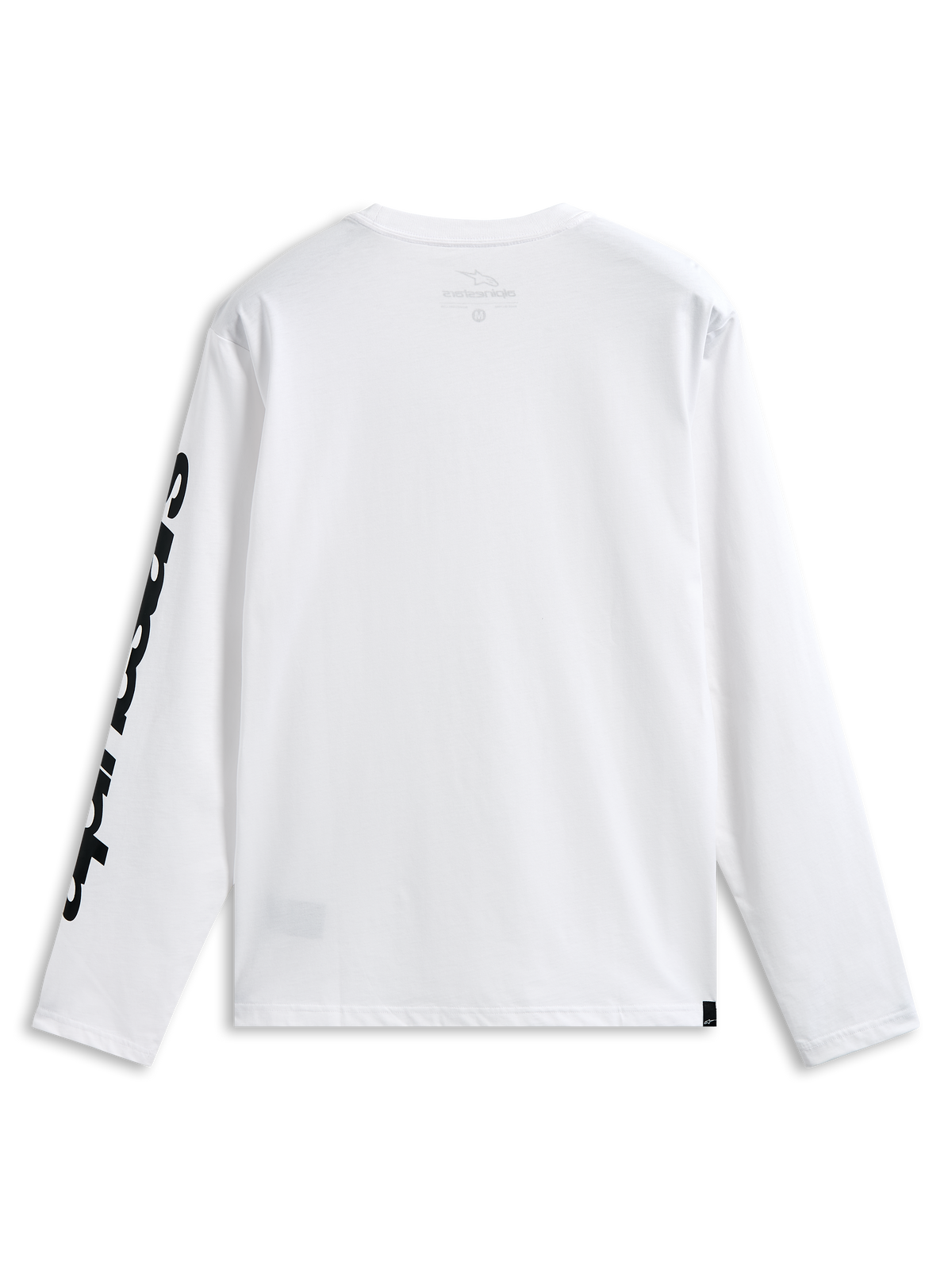 Camiseta Trackside CSF de Alpinestars, camiseta de manga larga, blanca y negra, vista posterior que muestra un gráfico negro llamativo en la manga, ropa urbana casual inspirada en el automovilismo