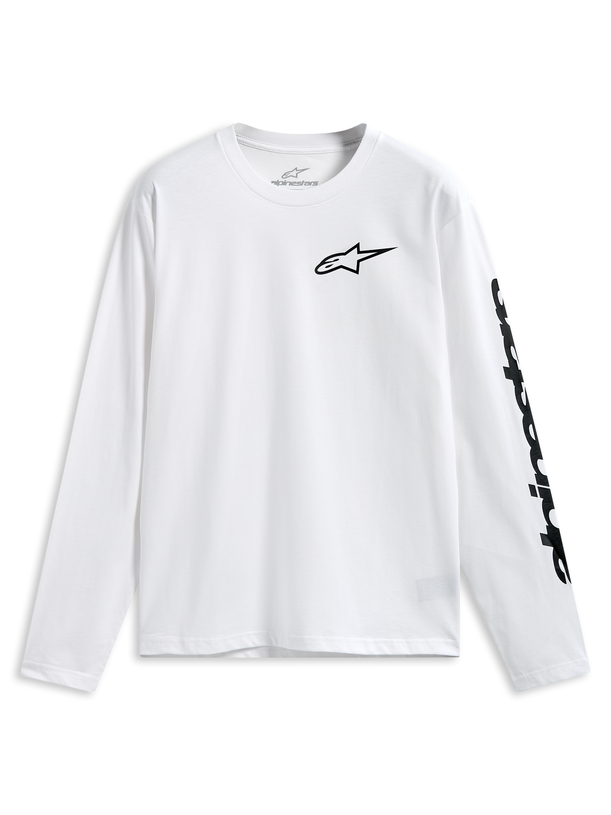 Camiseta Alpinestars Trackside CSF, camiseta de manga larga, blanca, logotipo de Alpinestars negro en el pecho y marca denominativa en la manga, ropa deportiva casual de motor