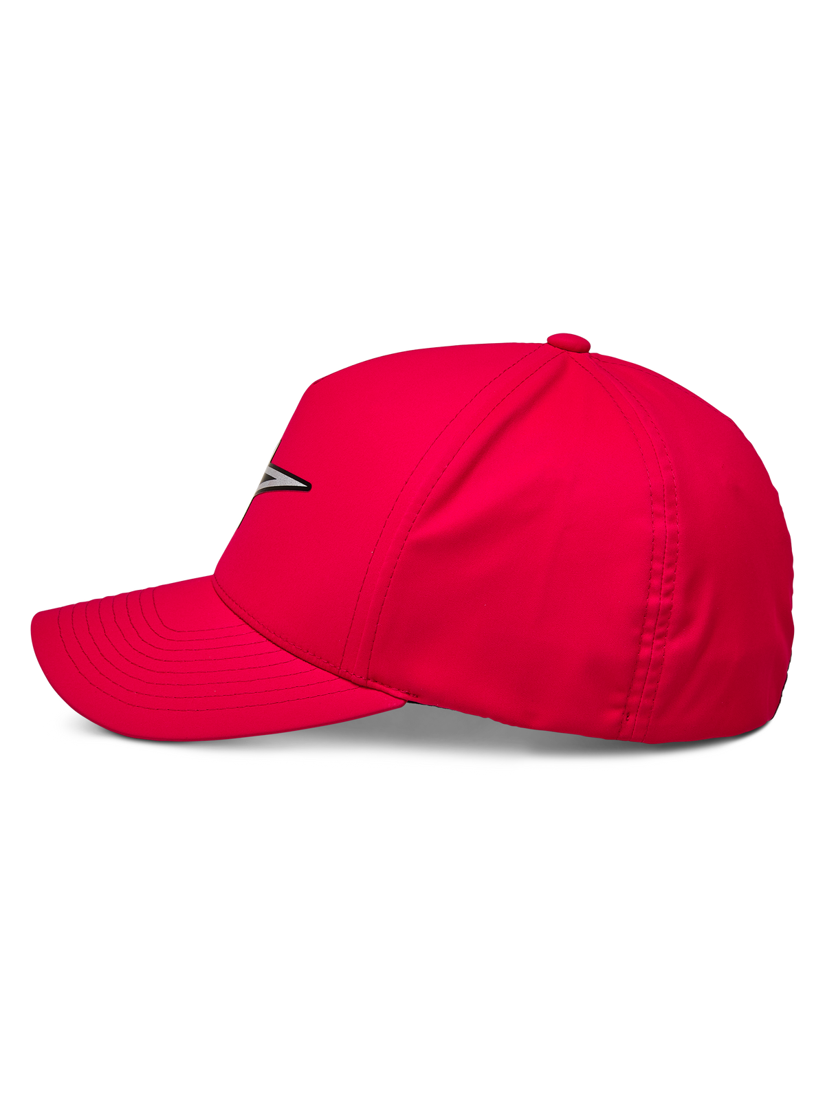 Gorra impermeable Alpinestars Ageless Reflex, gorra de béisbol roja, vista de perfil lateral que muestra la visera curva y la corona estructurada, logotipo reflectante Astars en la parte frontal, ropa deportiva casual de alto rendimiento