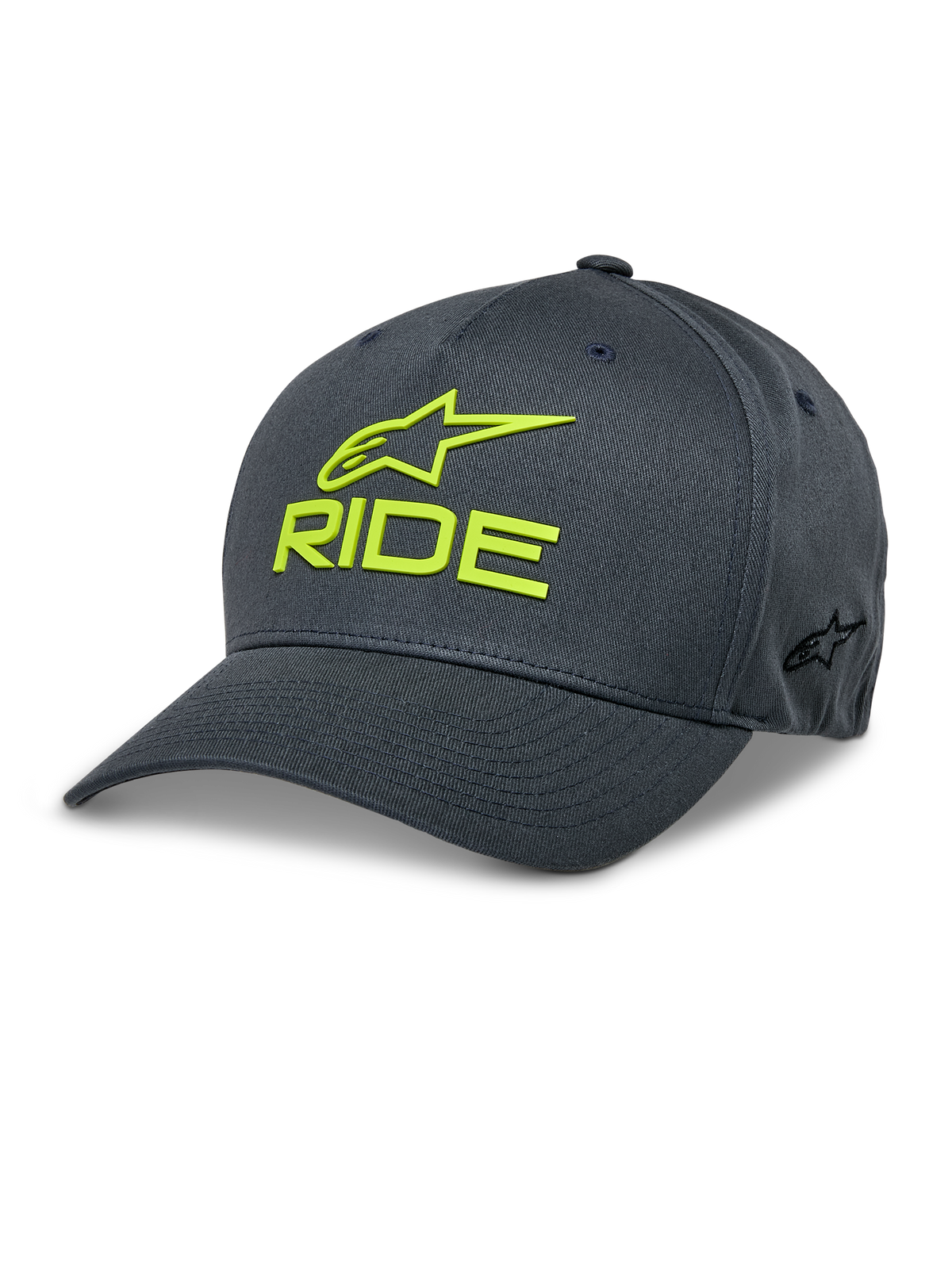 Alpinestars Ride Sonic Hat, gorra de béisbol en gris carbón y amarillo de alta visibilidad, logotipo de estrella y texto "RIDE" bordados en 3D, visera curva, corona estructurada, gorra casual de sarga elástica estilo motorsport