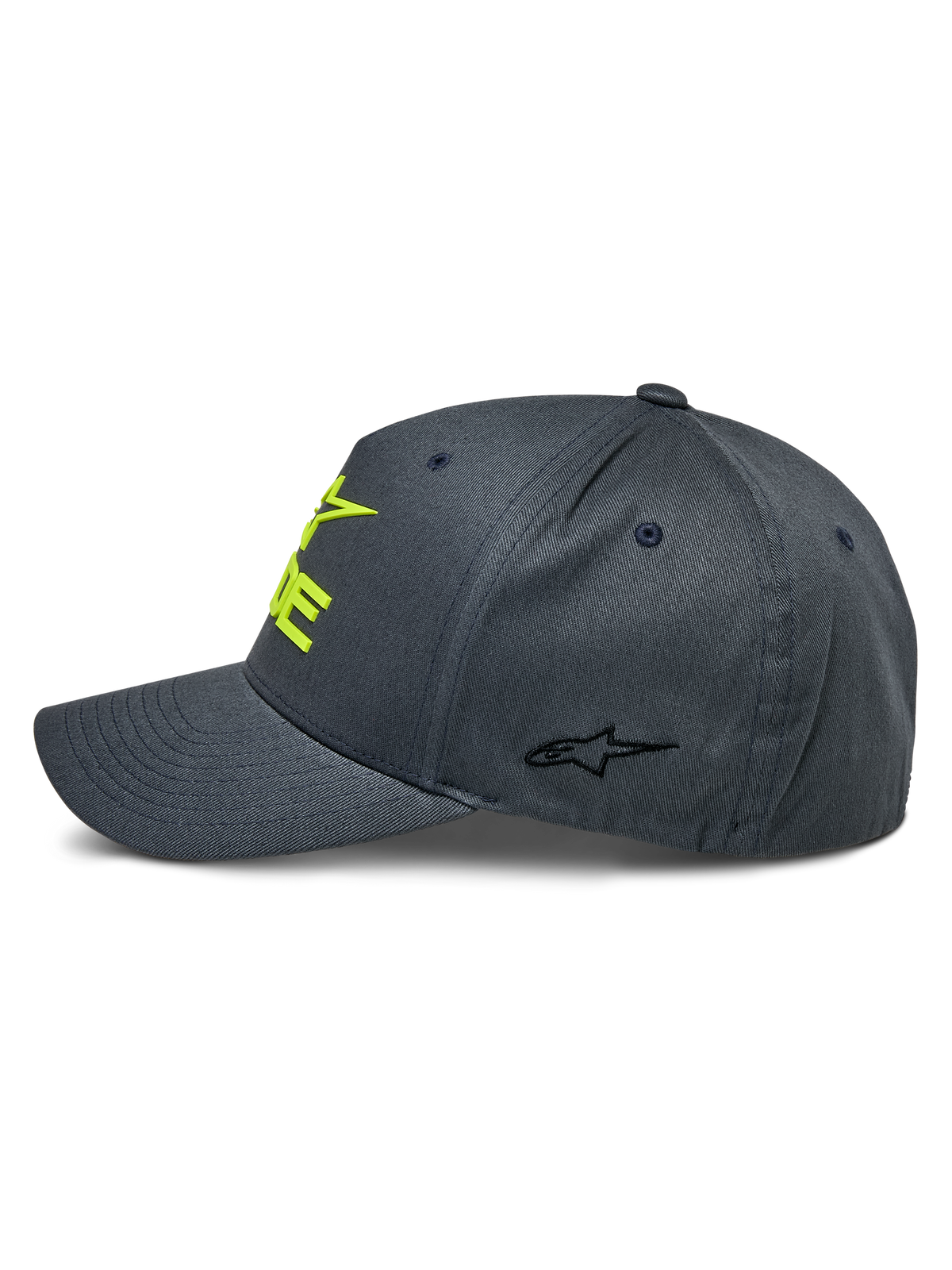 Gorra Alpinestars Ride Sonic, gris carbón y amarillo de alta visibilidad, vista de perfil lateral que muestra la visera curva y la corona estructurada, logo amarillo bordado en 3D en la parte frontal y pequeño logo de estrella negro en el panel lateral, gorra casual de automovilismo