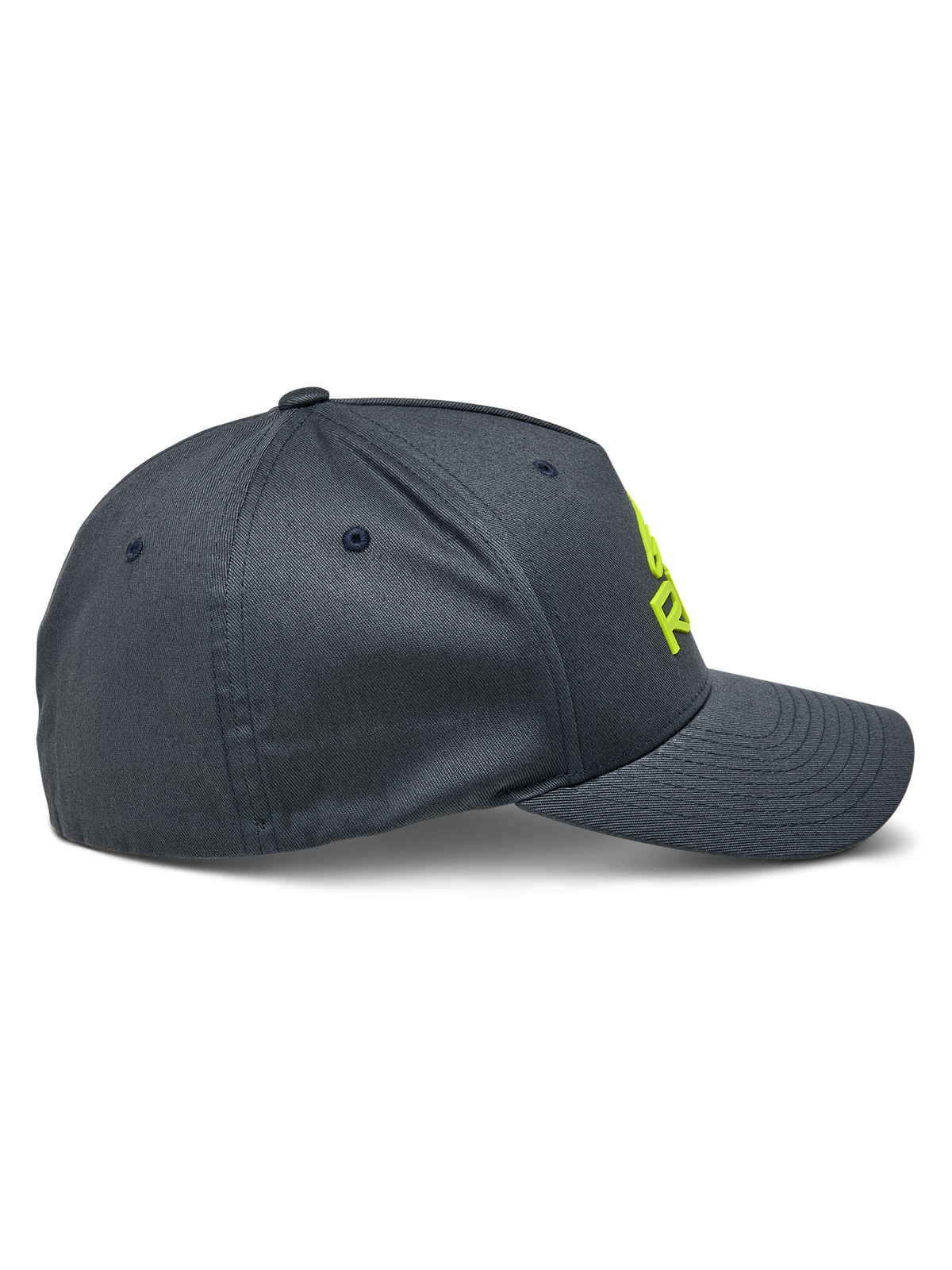 Gorra Alpinestars Ride Sonic, vista de perfil lateral, color gris carbón con logotipo bordado en 3D en amarillo de alta visibilidad, visera curva y corona estructurada, accesorio casual de sarga elástica estilo motorsport