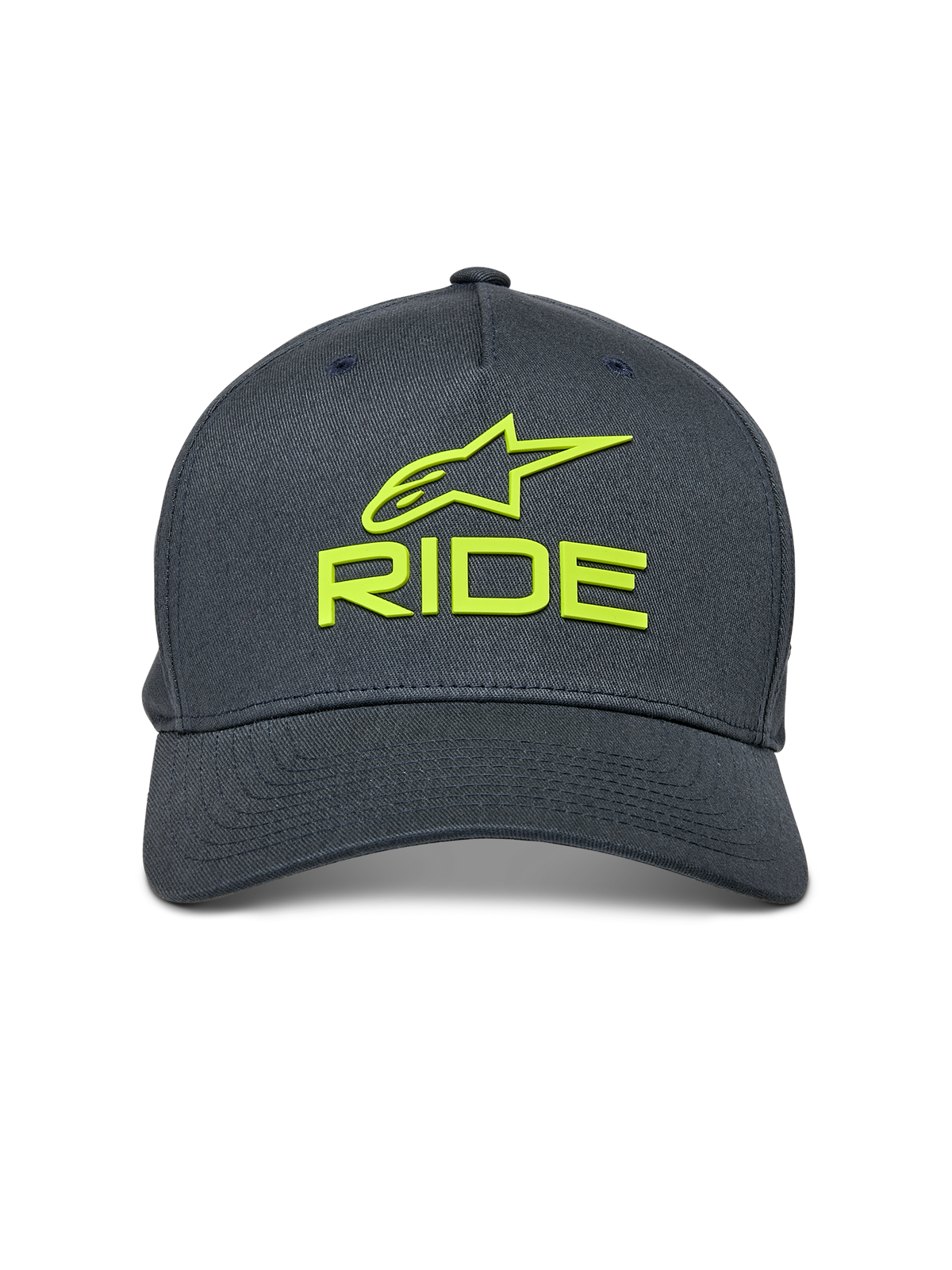 Gorra Alpinestars Ride Sonic, gris carbón con amarillo de alta visibilidad, logotipo de Alpinestars y texto RIDE bordados en 3D, visera curva, corona estructurada, accesorio de estilo casual inspirado en el automovilismo