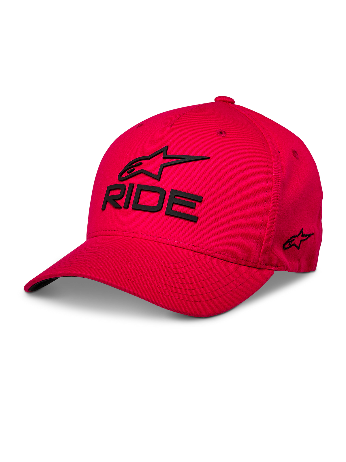 Alpinestars Ride Sonic Hat, gorra de béisbol roja, logotipo de Alpinestars y palabra 'RIDE' bordados en 3D en color negro, visera curvada, corona estructurada, estilo casual de moda urbana de automovilismo