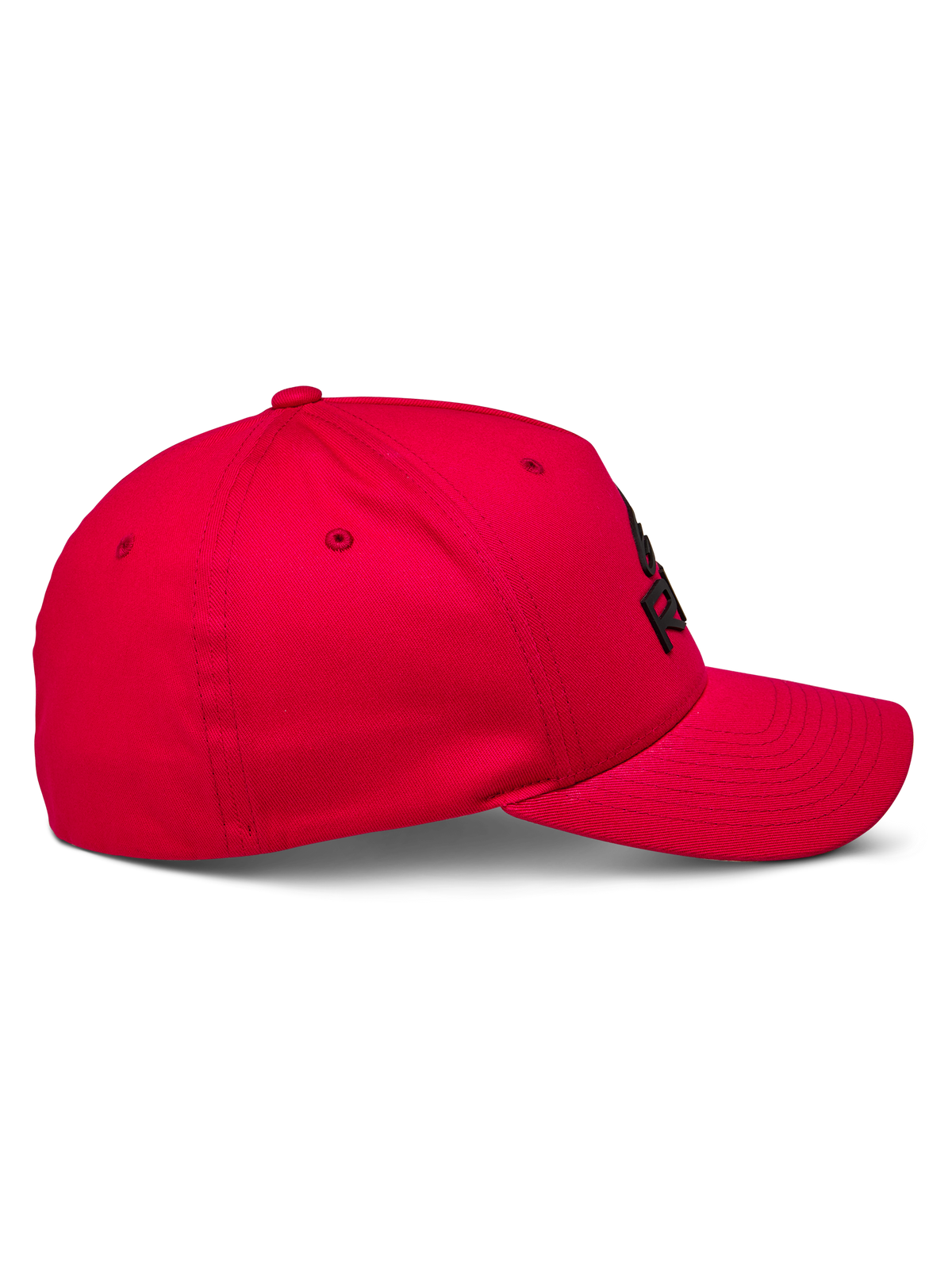 Gorra Alpinestars Ride Sonic, gorra de visera curva, roja, vista de perfil lateral, corona estructurada con logo negro bordado en 3D, accesorio de ropa deportiva casual