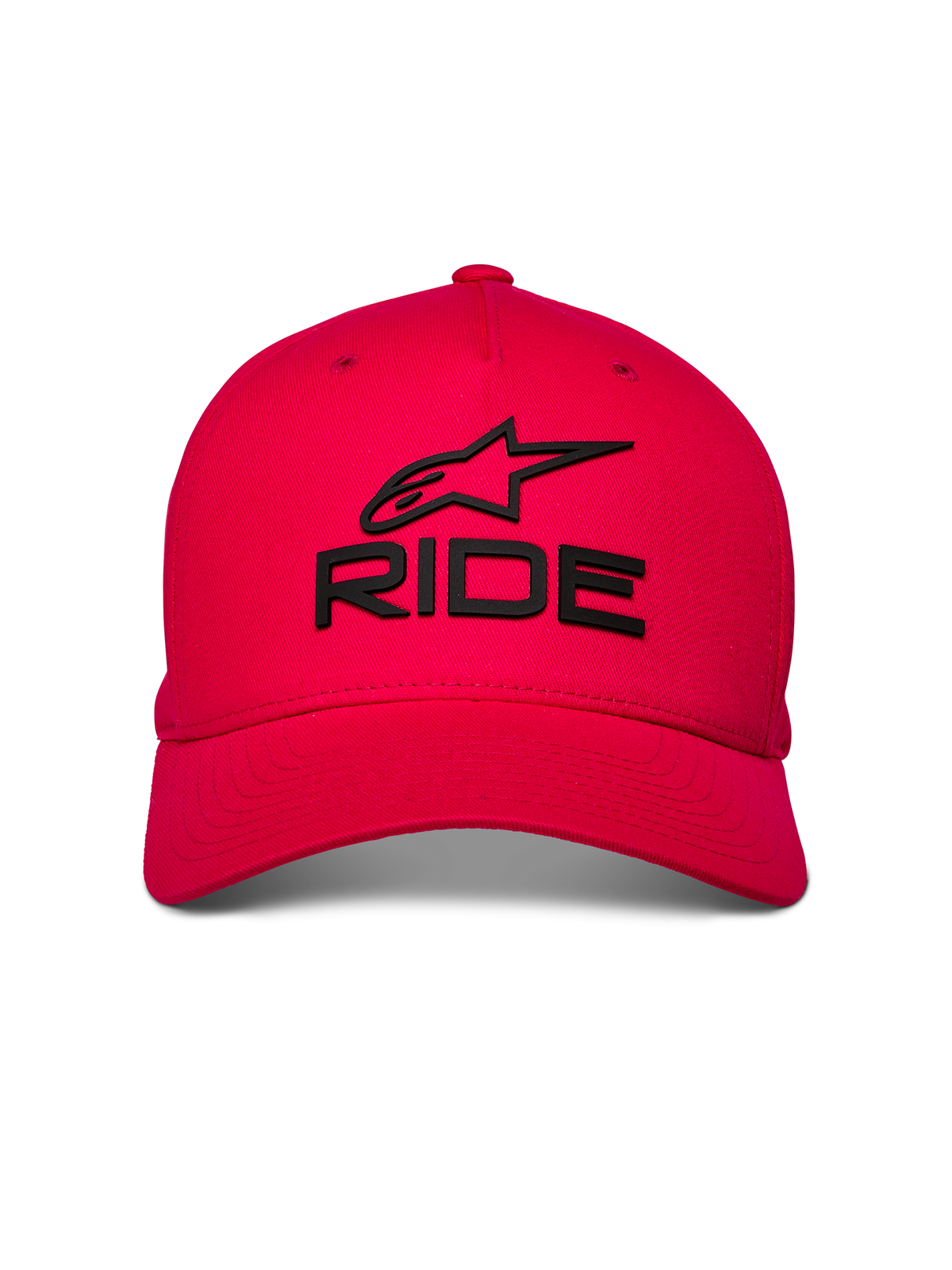 Gorra Alpinestars Ride Sonic, gorra de béisbol roja, logotipo de la estrella y texto RIDE bordados en 3D en negro, visera curva con corona estructurada, accesorio casual de estilo motorsport