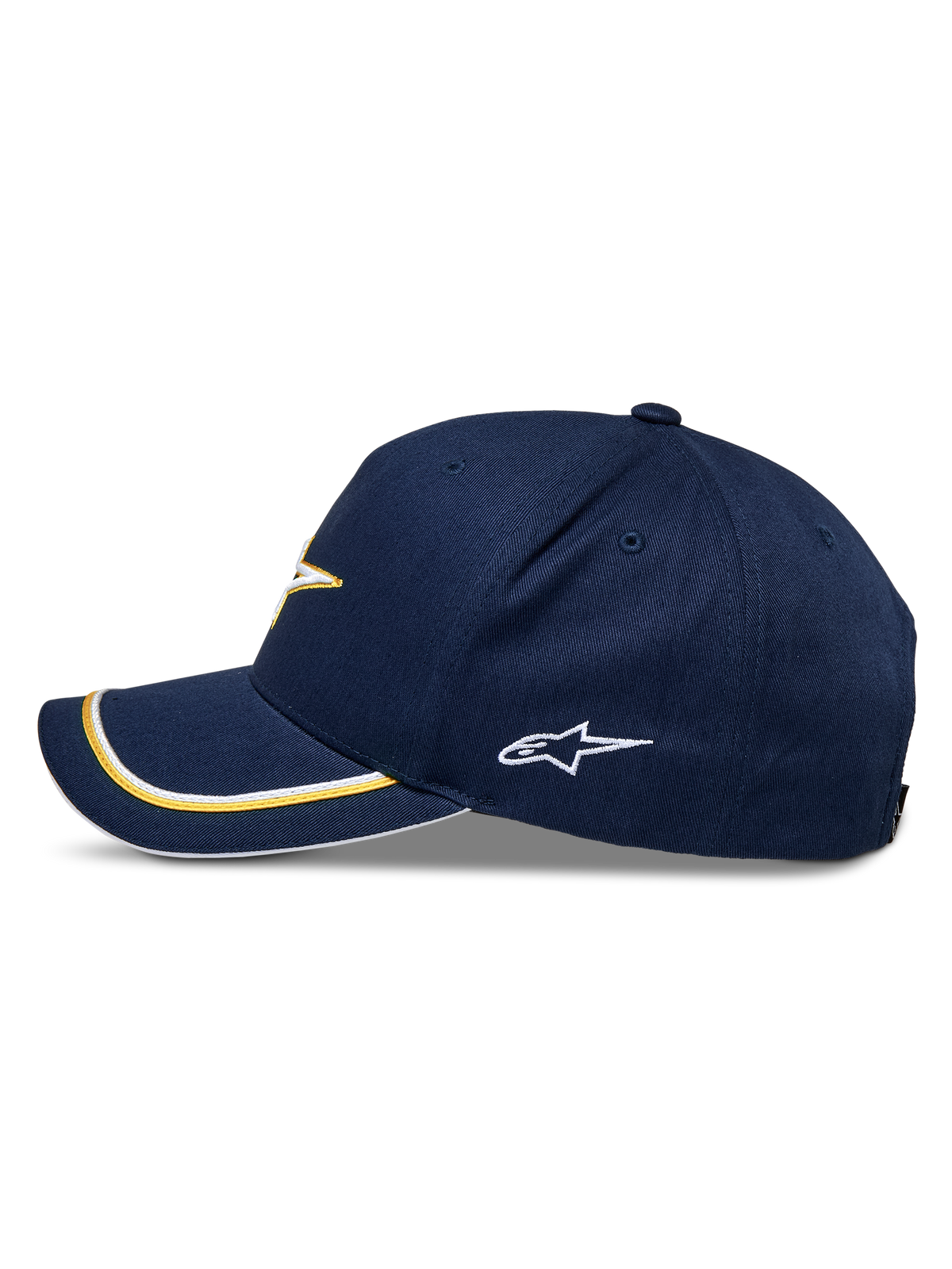 Alpinestars Gorra Snapback Ascension, azul marino y dorado, perfil lateral con visera curva y doble ribete sutache en dorado y blanco, logotipo lateral bordado, estilo casual motorsport