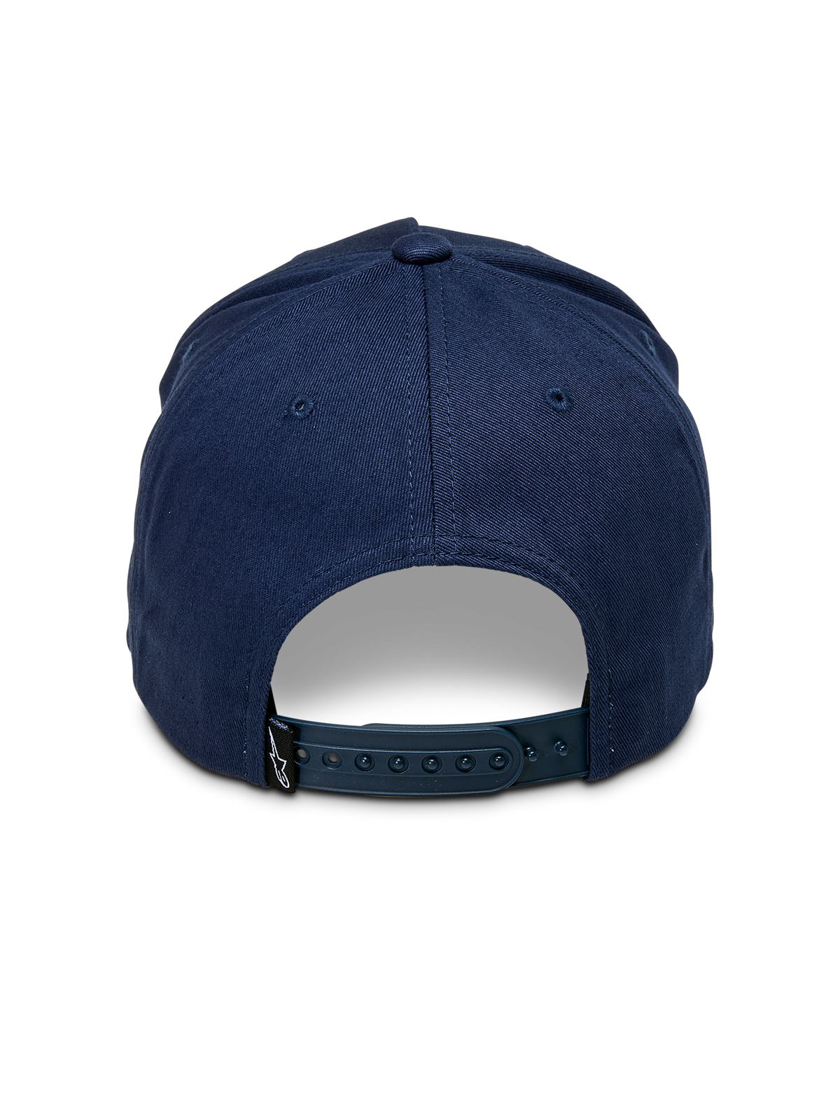 Gorra Snapback Alpinestars Ascension, azul marino, vista trasera con cierre ajustable y corona estructurada, pequeña etiqueta negra con el logo Astars, estilo streetwear casual para motorsport