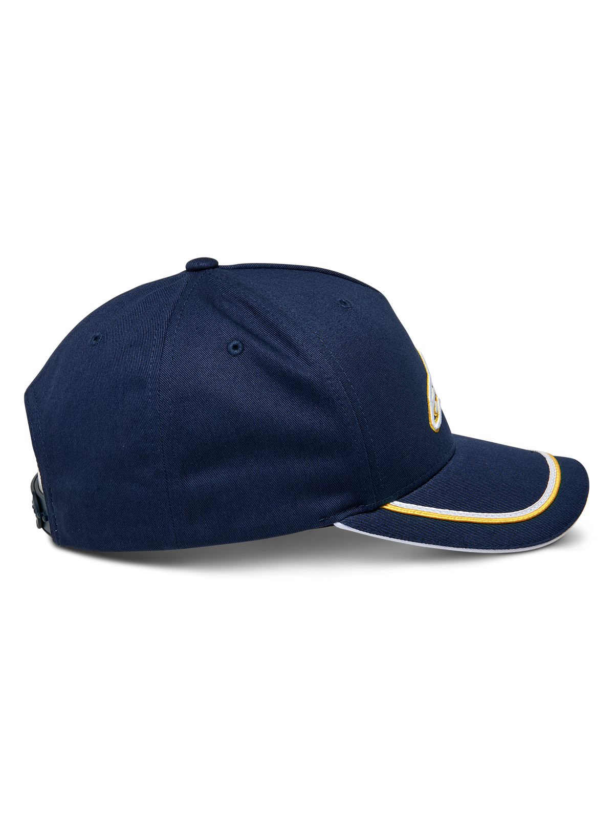 Gorra Alpinestars Ascension Snapback, vista lateral, azul marino con doble ribete sutache en dorado y blanco en la visera curva, corona estructurada, gorra casual de estilo motorsport