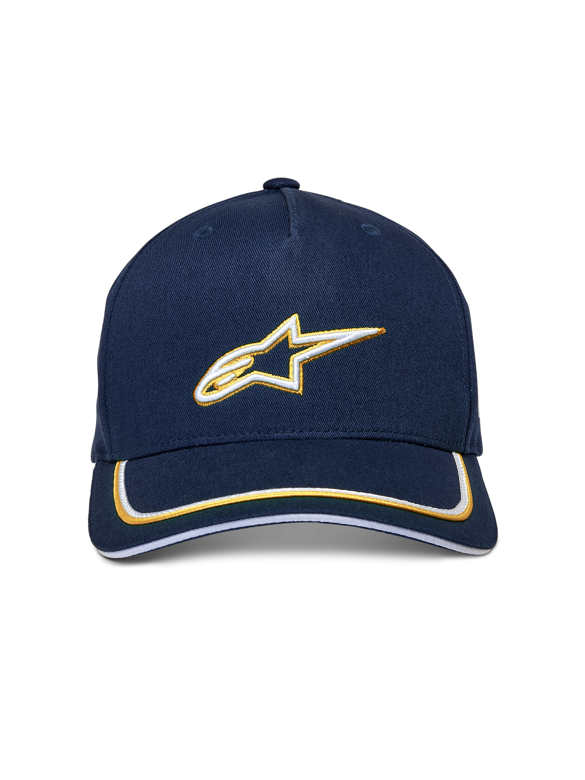 Alpinestars Ascension Snapback Hat, azul marino y dorado, logotipo Astars bordado en 3D en blanco y dorado, visera curva con doble ribete sutache, accesorio casual inspirado en el automovilismo