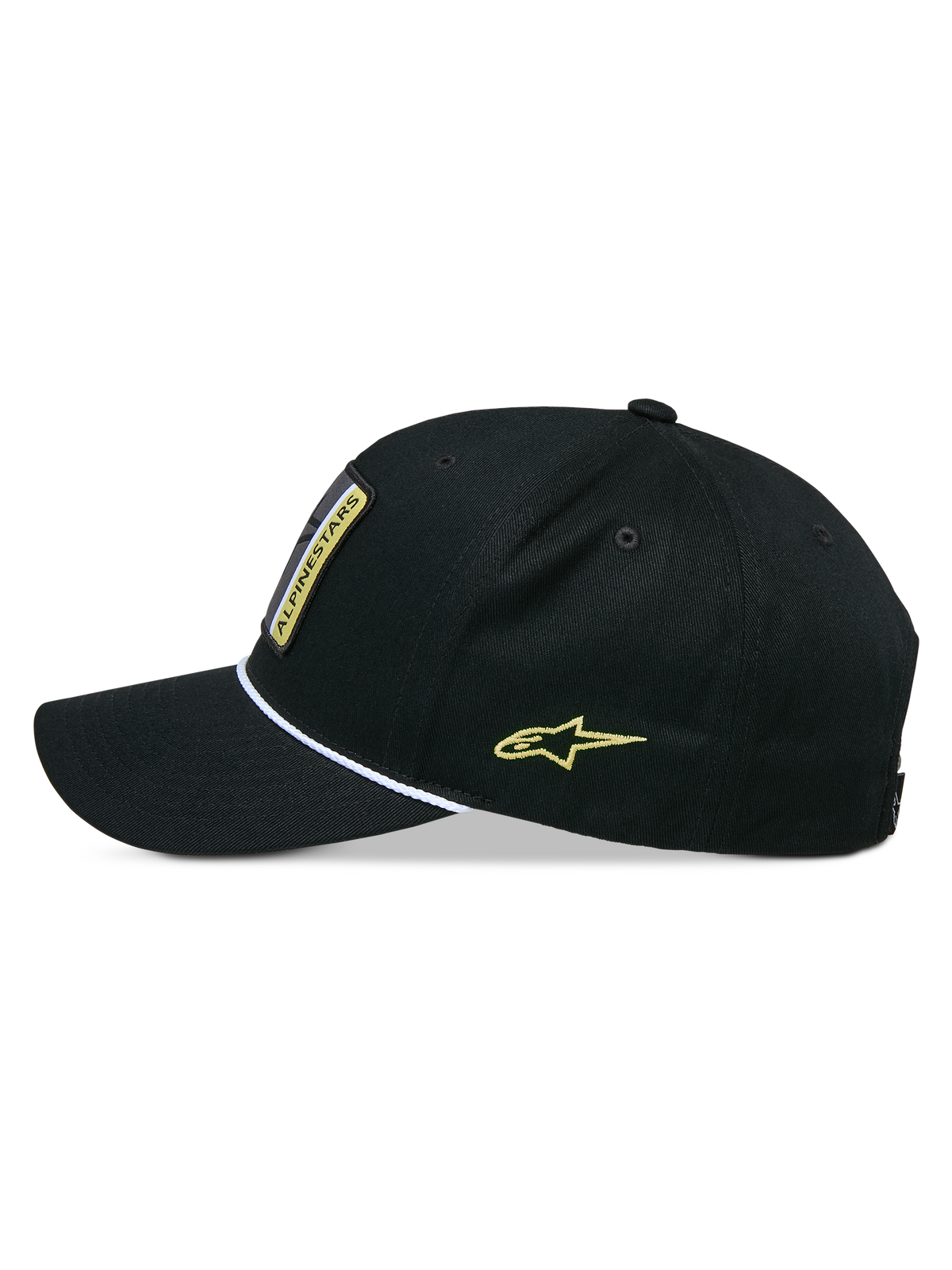 Gorra Snapback Specific de Alpinestars, negra, vista de perfil lateral con visera curva y ribete de cuerda trenzada blanca, bordado del logotipo Astars en amarillo en el lateral, corona estructurada, gorra de estilo casual