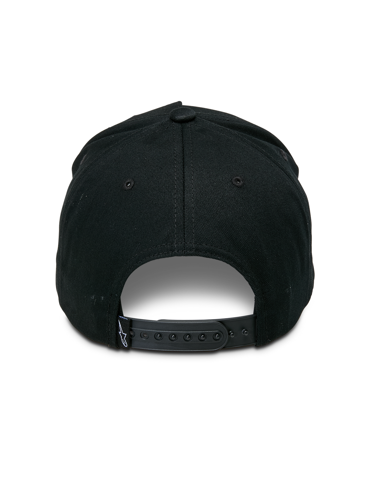 Gorra Alpinestars Specific Snapback, negra, vista trasera con un cierre de presión de plástico ajustable y un pequeño logotipo Astars blanco en la etiqueta trasera, corona estructurada, accesorio de cabeza casual de estilo motorsport