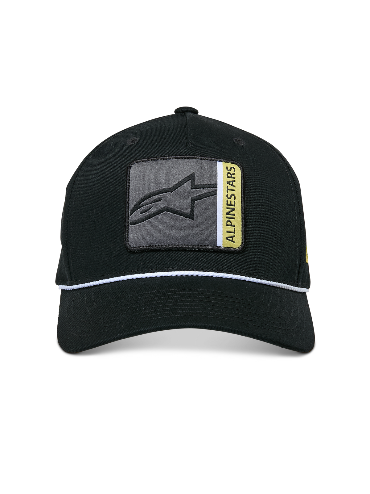 Gorra Snapback Alpinestars Specific, negra, parche frontal del logotipo Astars multicolor con detalles en gris y amarillo, ribete de cuerda trenzada blanca, visera curva, corona estructurada, estilo urbano casual