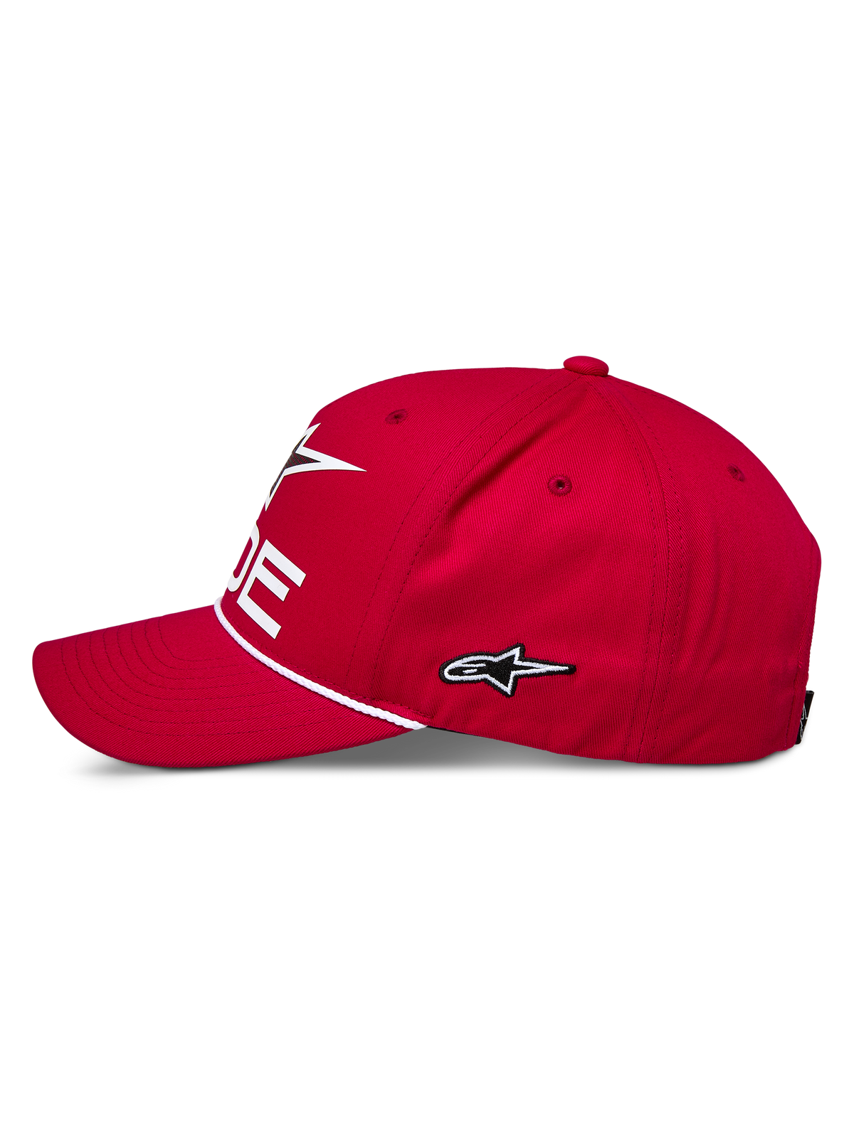 Gorra Snapback Alpinestars Ride Comp, roja, perfil lateral, logotipo de estrella bordado en blanco, ribete de cuerda trenzada, visera curva, ropa deportiva casual de automovilismo