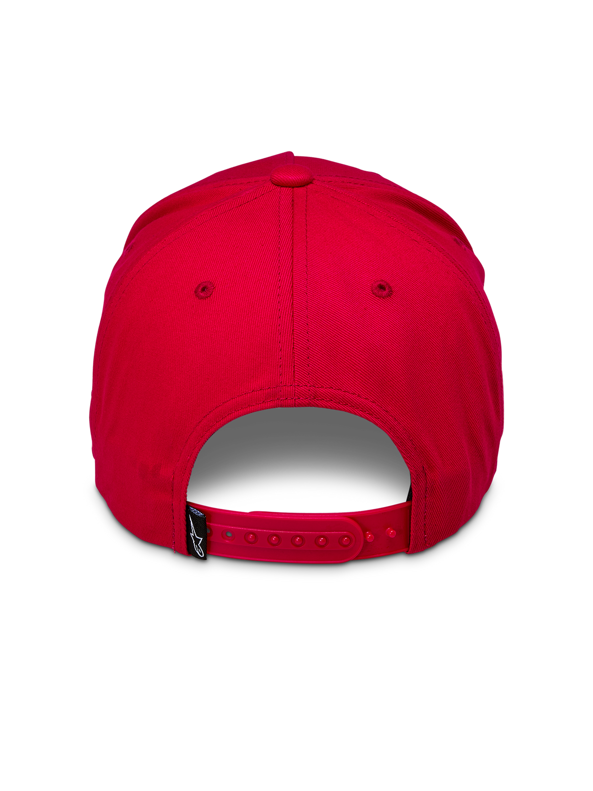 Alpinestars Ride Comp Snapback Hat, roja, vista trasera con un cierre snapback ajustable rojo y una pequeña etiqueta tejida negra con el logotipo blanco, corona estructurada, gorra casual
