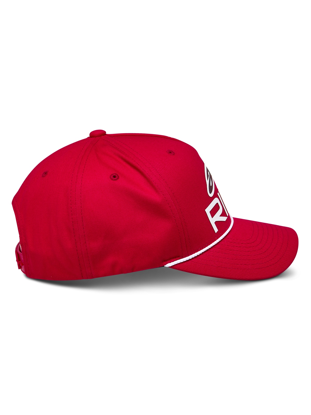 Gorra Snapback Alpinestars Ride Comp, roja, vista de perfil lateral, visera curva con ribete de cuerda trenzada blanca, corona estructurada con logotipo Astars Ride en blanco, gorra casual de estilo motorsport