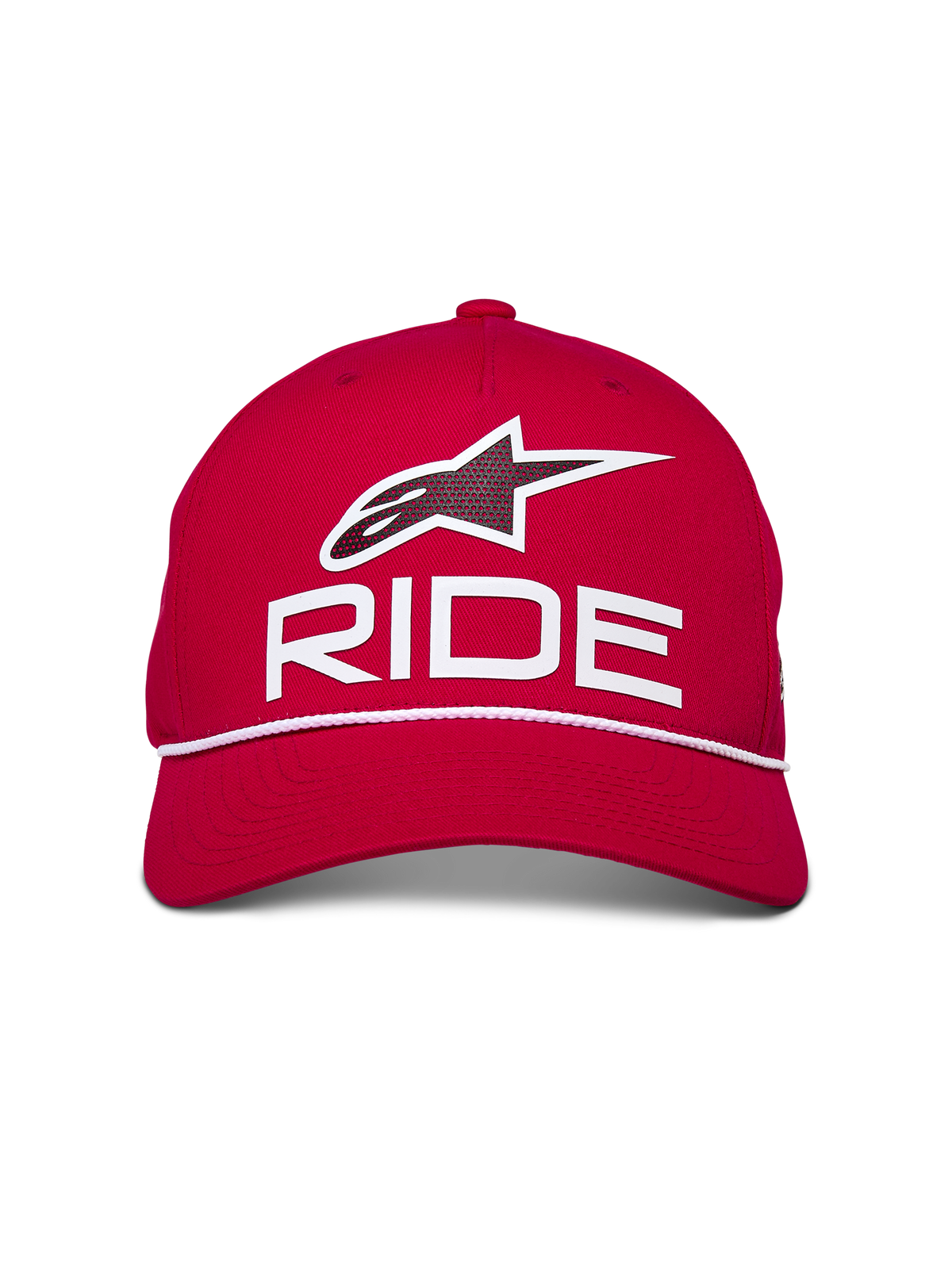 Gorra Snapback Alpinestars Ride Comp, roja con blanco y negro, con logotipo Astars Ride en 3D y ribete de cuerda trenzada blanca, corona estructurada con visera curva, accesorio casual inspirado en el automovilismo