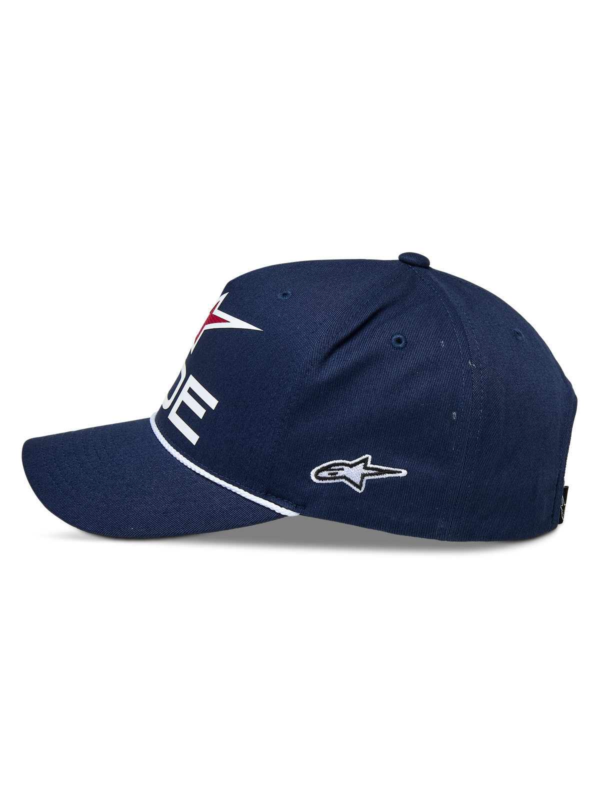 Gorra Snapback Alpinestars Ride Comp, azul marino, blanco y rojo, vista lateral, corona estructurada con visera curva, ribete de cuerda trenzada blanca, logotipo lateral bordado, gorra casual de estilo motorsport