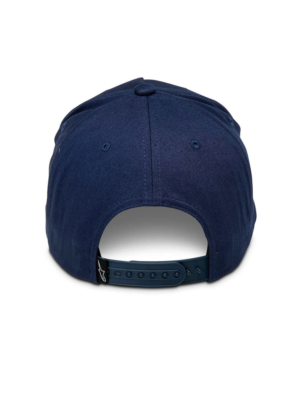 Gorra Snapback Alpinestars Ride Comp, azul marino, vista trasera que muestra el cierre ajustable de plástico, pequeña etiqueta negra con logo, corona estructurada de sarga de algodón, gorra informal inspirada en el automovilismo