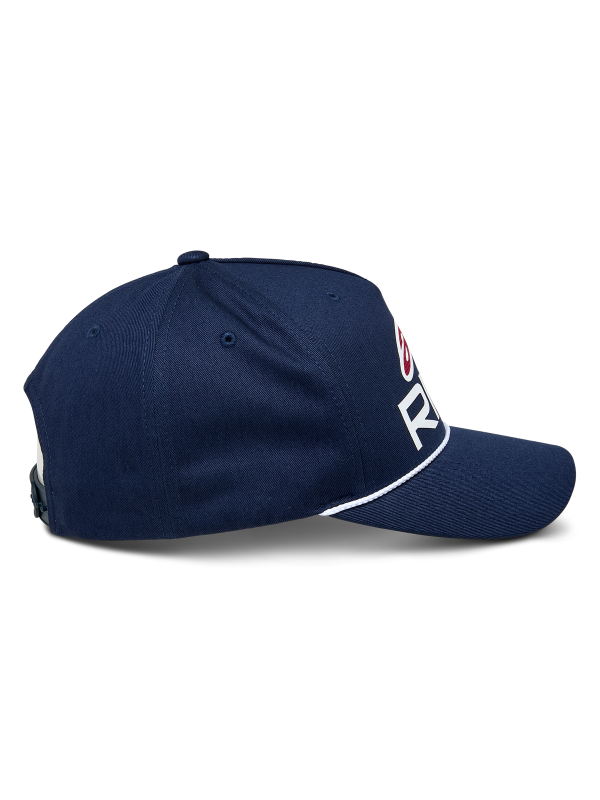 Gorra Snapback Alpinestars Ride Comp, azul marino con detalles en blanco y rojo, vista de perfil lateral que muestra la visera curva y el ribete de cuerda trenzada blanca, corona estructurada, gorra casual estilo motorsport