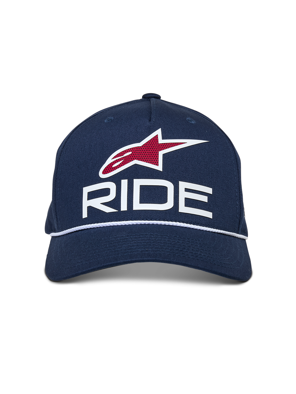 Gorra Alpinestars Ride Comp Snapback, azul marino con detalles en blanco y rojo, con el logotipo RIDE en 3D, emblema de estrella roja y ribete de cuerda trenzada blanca, visera curva, accesorio casual de estilo motorsport