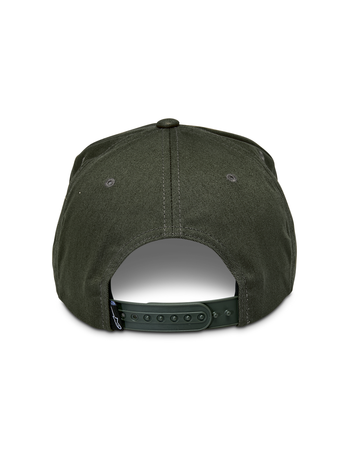 Gorra Snapback Alpinestars Promptus, verde militar, vista trasera con cierre ajustable a presión y tejido de sarga de algodón, pequeña etiqueta negra de la marca, accesorio casual inspirado en el automovilismo