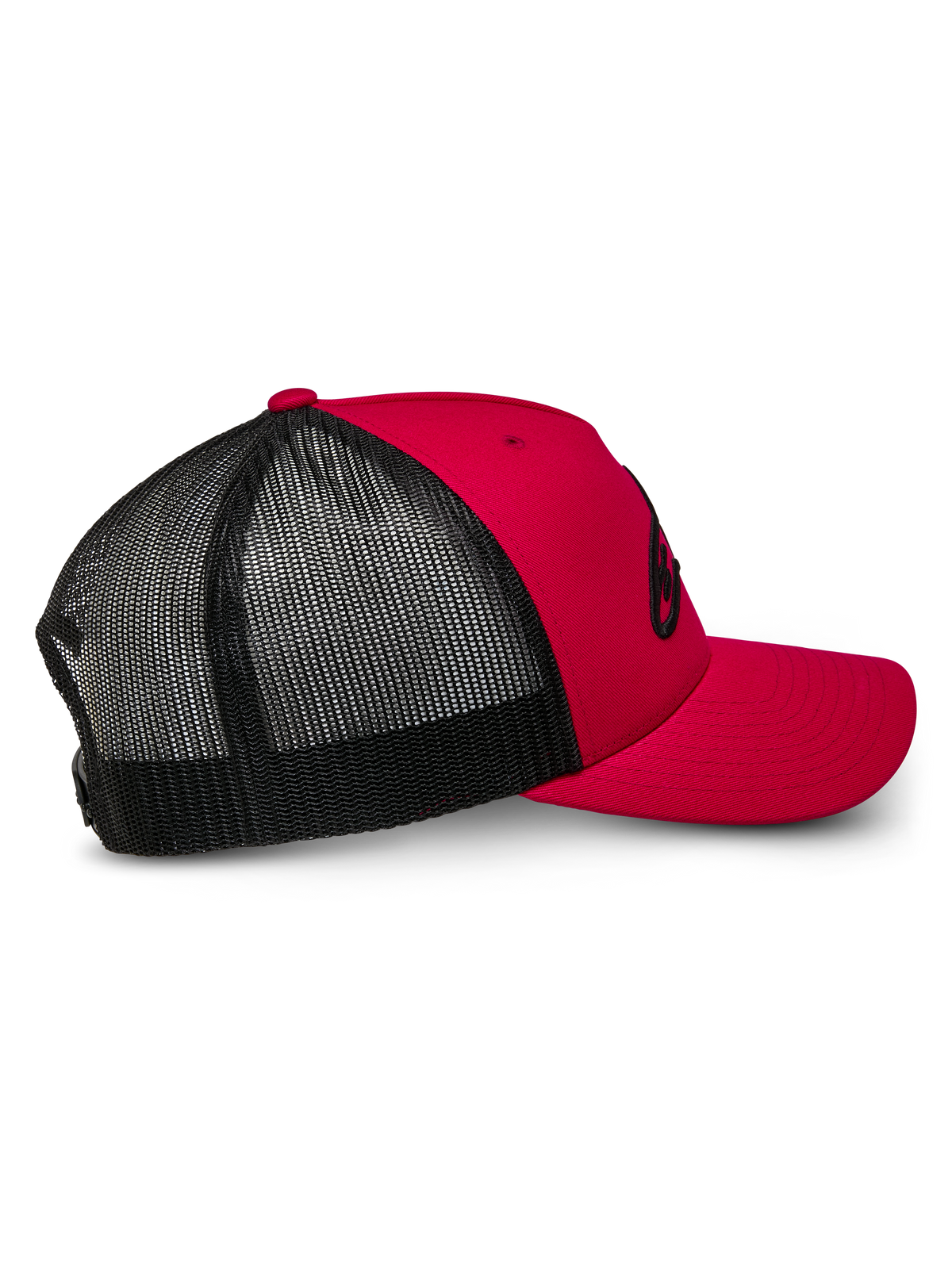 Alpinestars Ageless Trucker Hat, Red and Black, side profile view showing red structured front and curved bill with black breathable mesh back panels, casual motorsport-inspired headwear