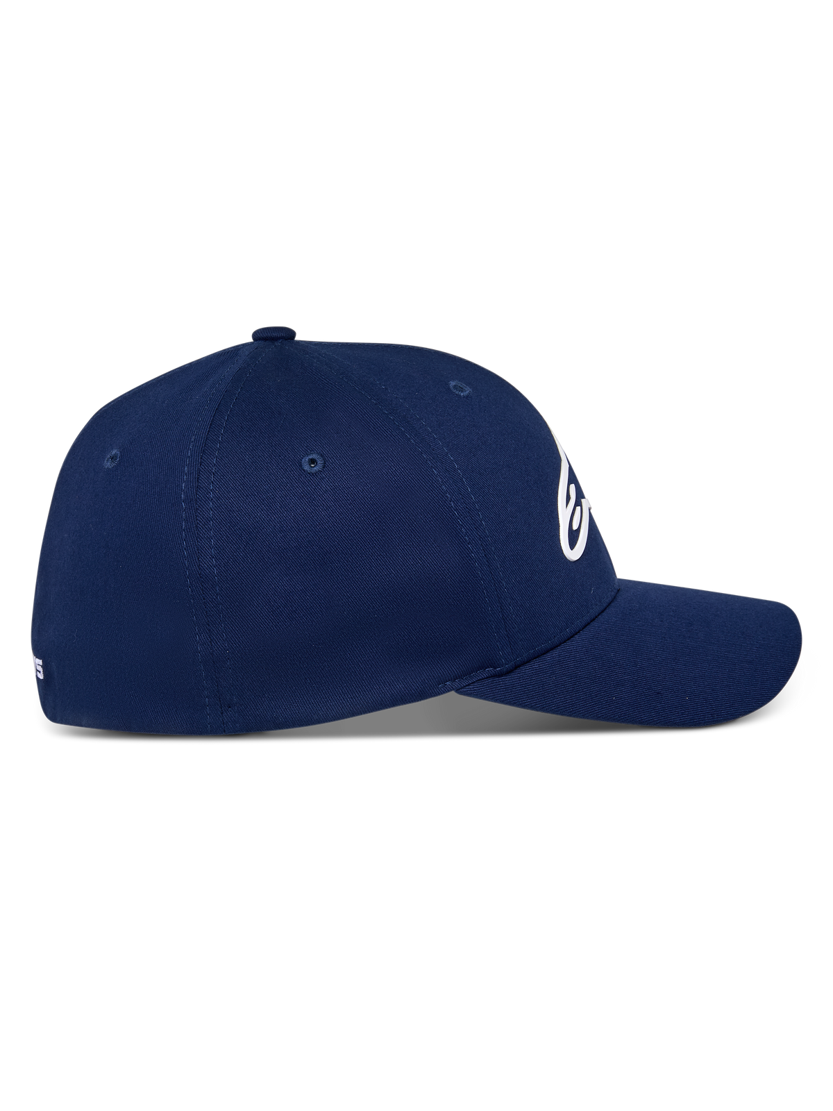 Gorra Alpinestars Ageless Multi, azul marino, vista de perfil lateral de gorra de béisbol con visera curva, corona estructurada, tejido de sarga elástica, prenda de cabeza casual inspirada en el automovilismo