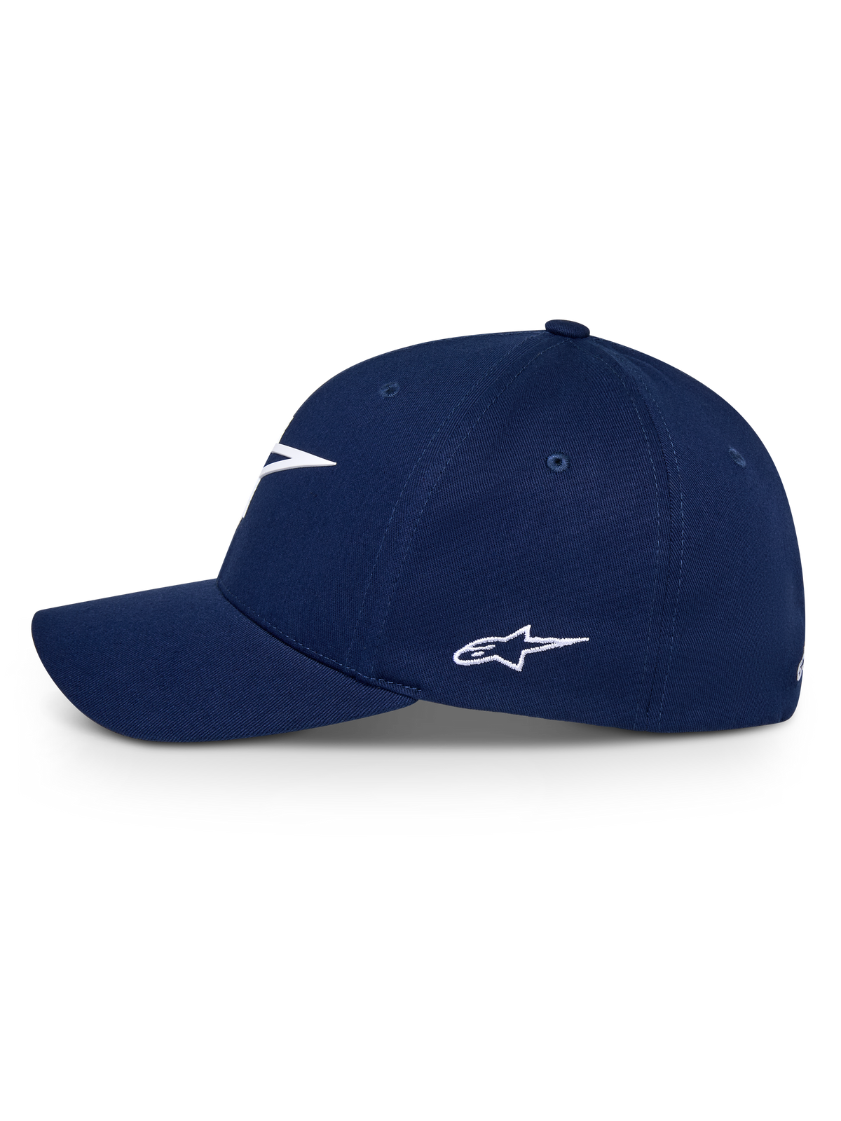 Gorra Alpinestars Ageless Multi, azul marino, vista de perfil lateral de una gorra de béisbol con visera curva y logotipo Astars bordado en blanco, accesorio deportivo casual