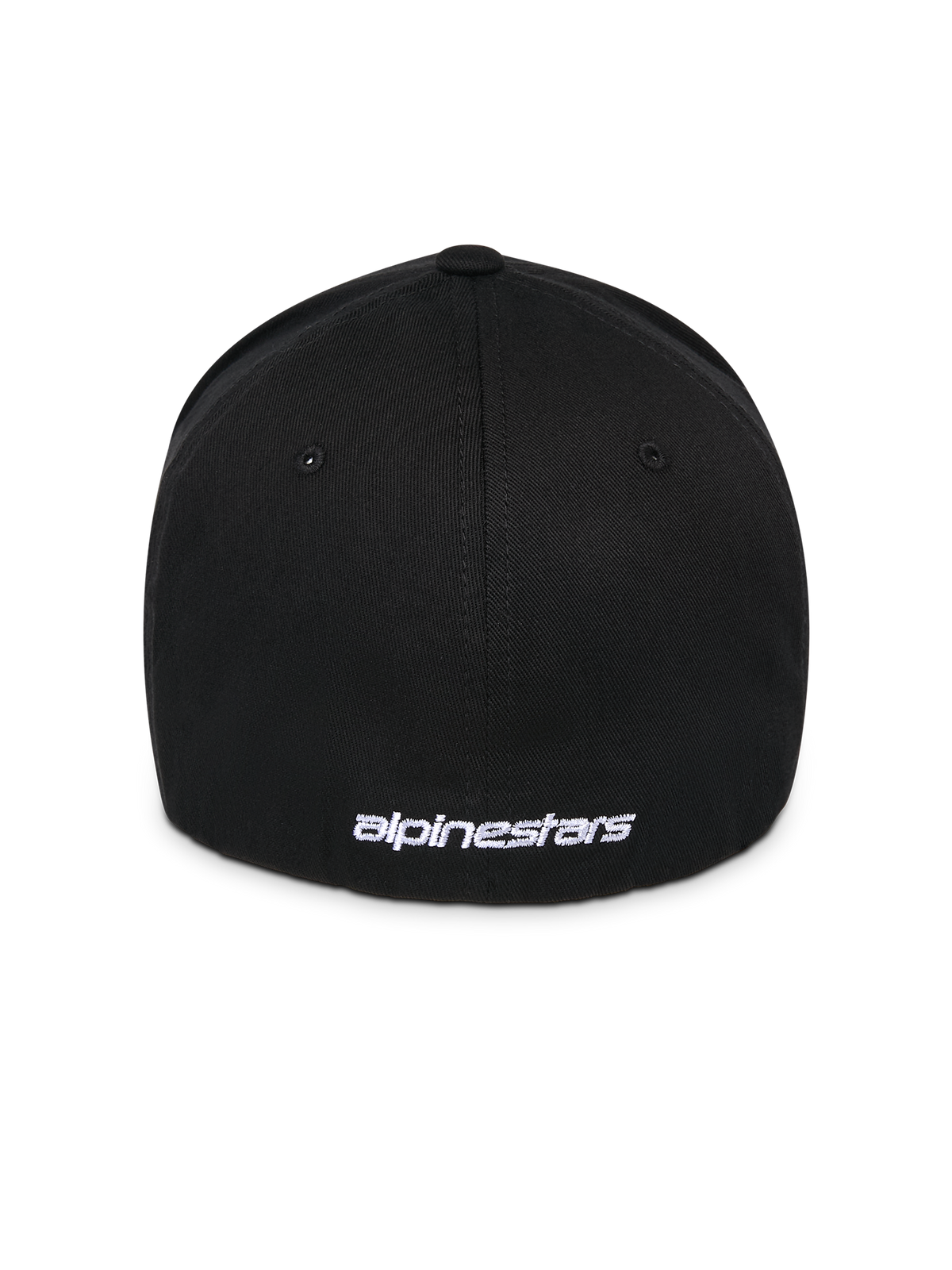 Gorra Alpinestars Corp Shift Multi, negra, vista trasera con logo bordado plano en blanco en la base, construcción con ajuste elástico flexible, accesorio casual inspirado en el automovilismo