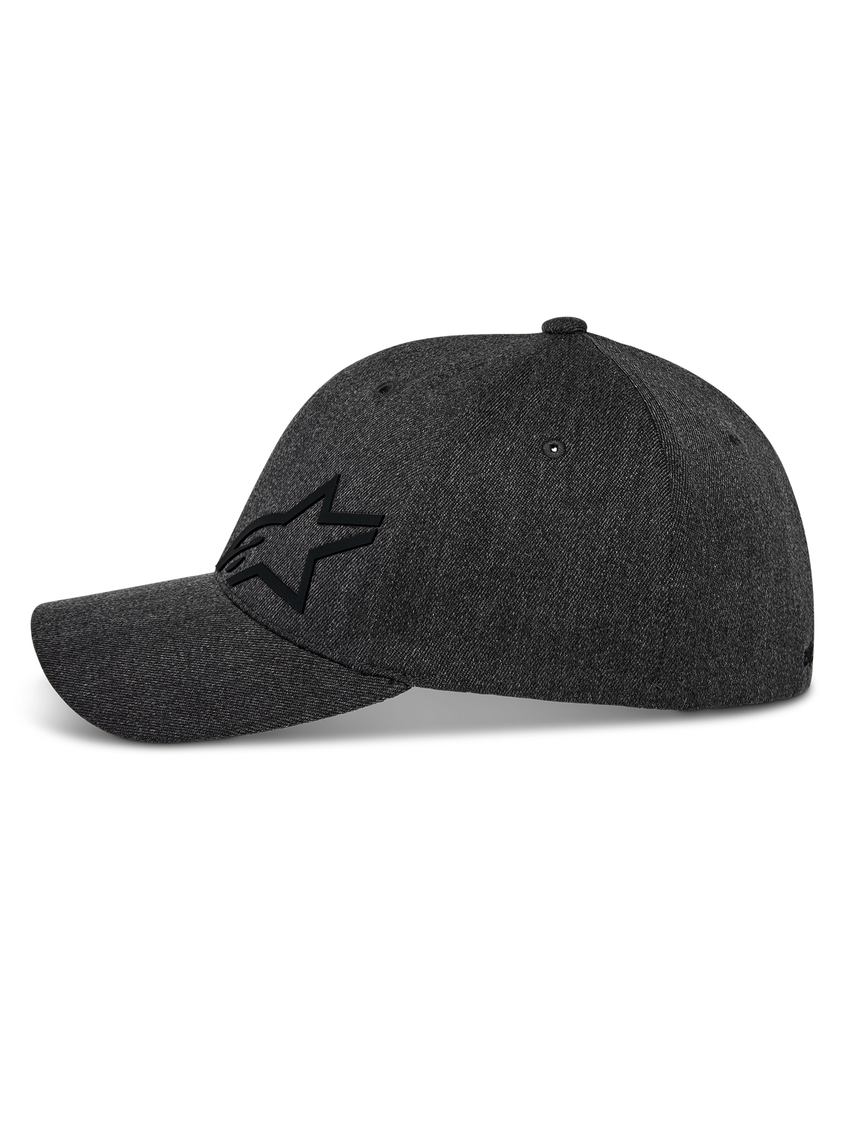 Alpinestars Corp Shift Multi Hat, Baseball Cap, Dark Grey Heather, side profile featuring black 3D Astars star logo, curved bill, structured crown, stretch twill fabric, casual motorsport-inspired headwear