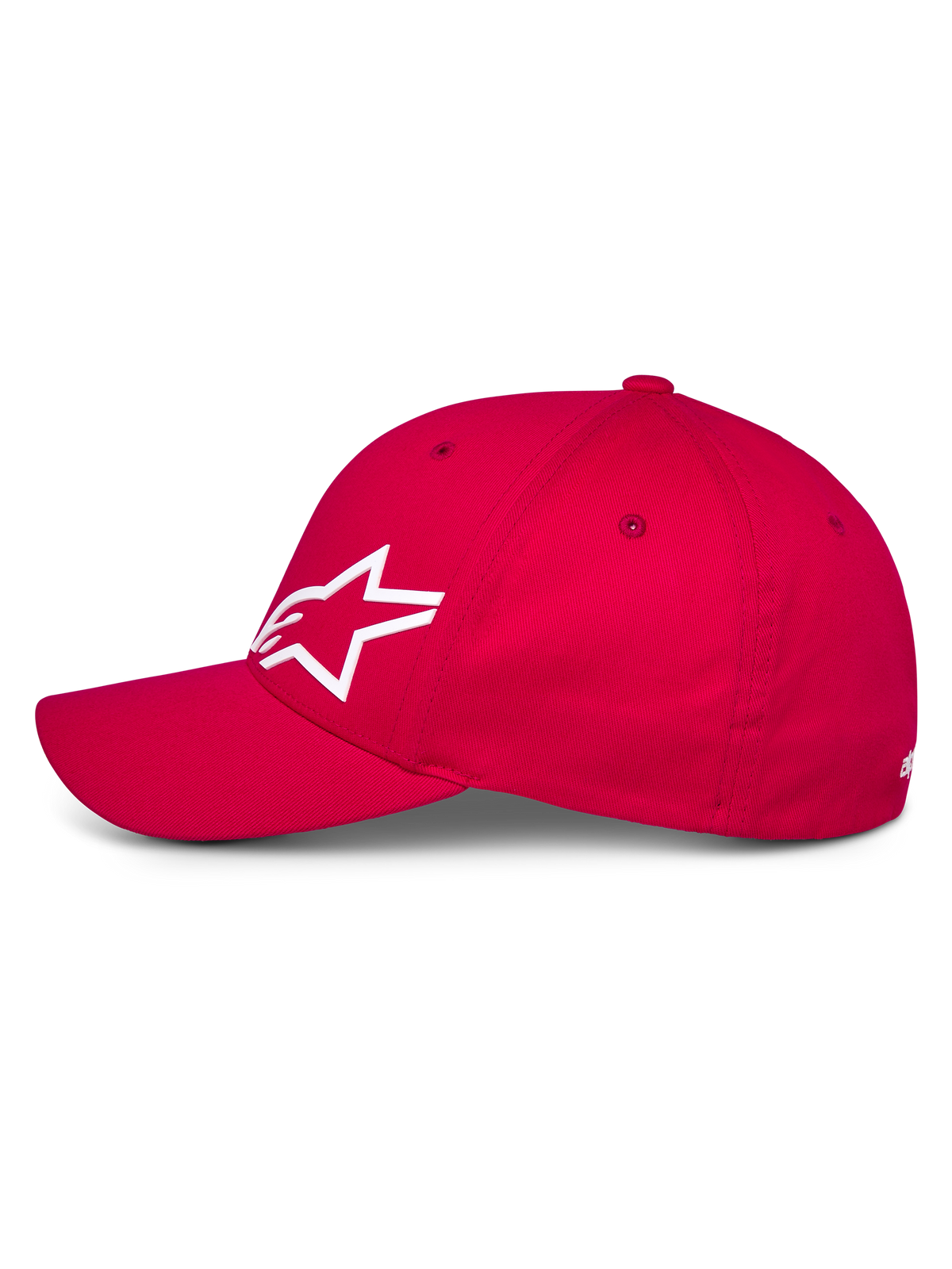 Gorra Alpinestars Corp Shift Multi, gorra de béisbol roja, vista de perfil lateral que muestra el logotipo Astars en 3D blanco, visera curva y corona estructurada, accesorio casual de motorsport