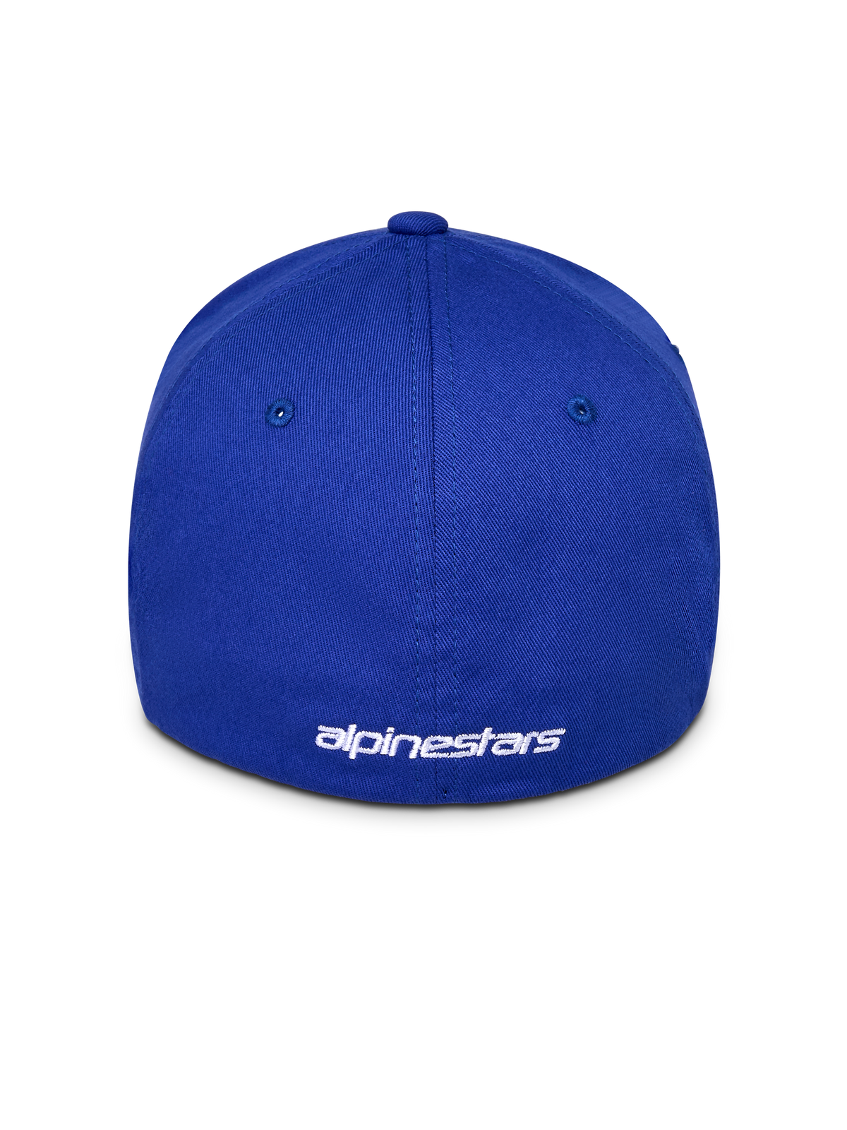Gorra Alpinestars Corp Shift Multi, gorra de béisbol azul, vista trasera con logo blanco bordado, diseño de parte trasera flexible y corona estructurada en tejido de sarga elástica