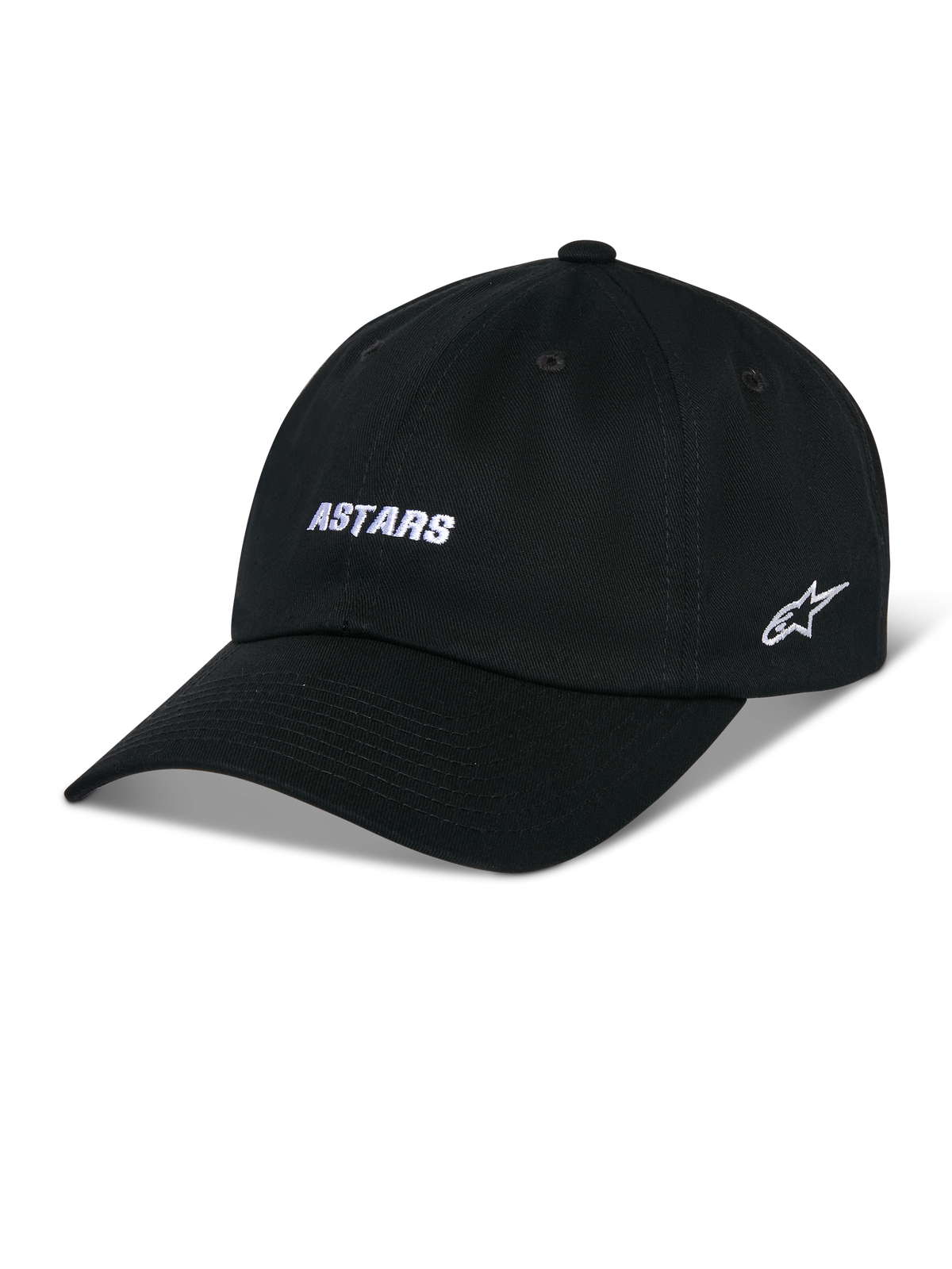 Alpinestars Gorra Deduce Strapback, gorra de béisbol negra con visera curva, bordado frontal ASTARS en blanco y logo de estrella en el lateral, corona baja no estructurada, tejido de sarga de algodón