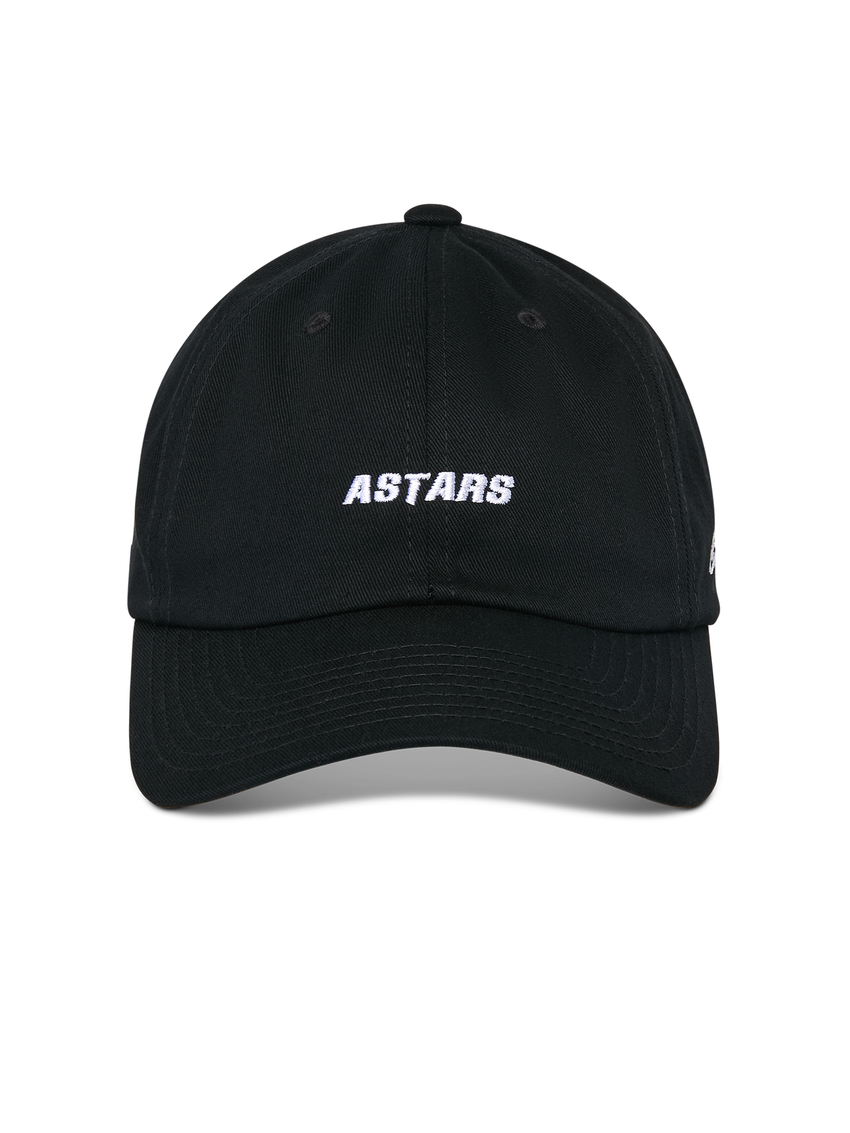 Alpinestars Gorra Deduce Strapback, Negro, vista frontal que muestra el bordado ASTARS en blanco, visera curva, corona baja no estructurada, accesorio de cabeza casual de motorsport