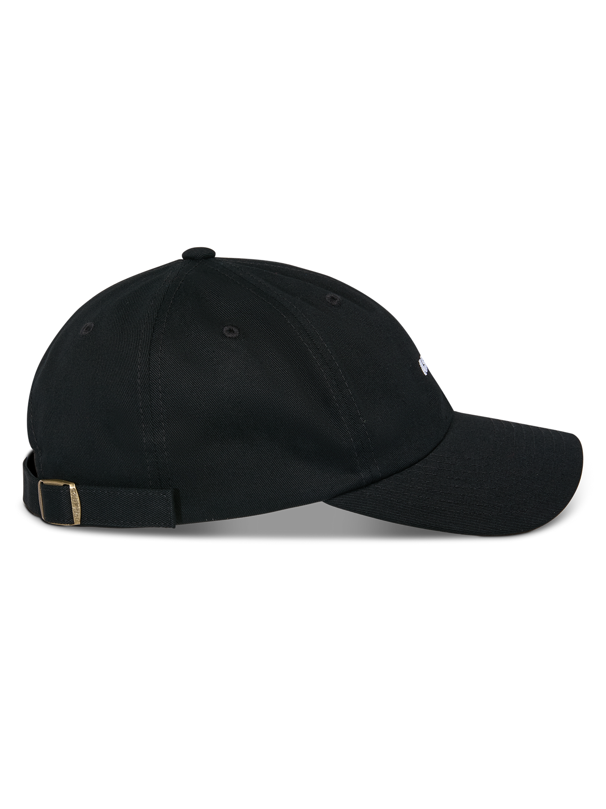 Gorra Alpinestars Deduce Strapback, negra, vista de perfil lateral, visera curva con corona baja no estructurada, tejido de sarga de algodón, cierre ajustable de correa trasera con hebilla metálica, accesorio casual inspirado en el automovilismo