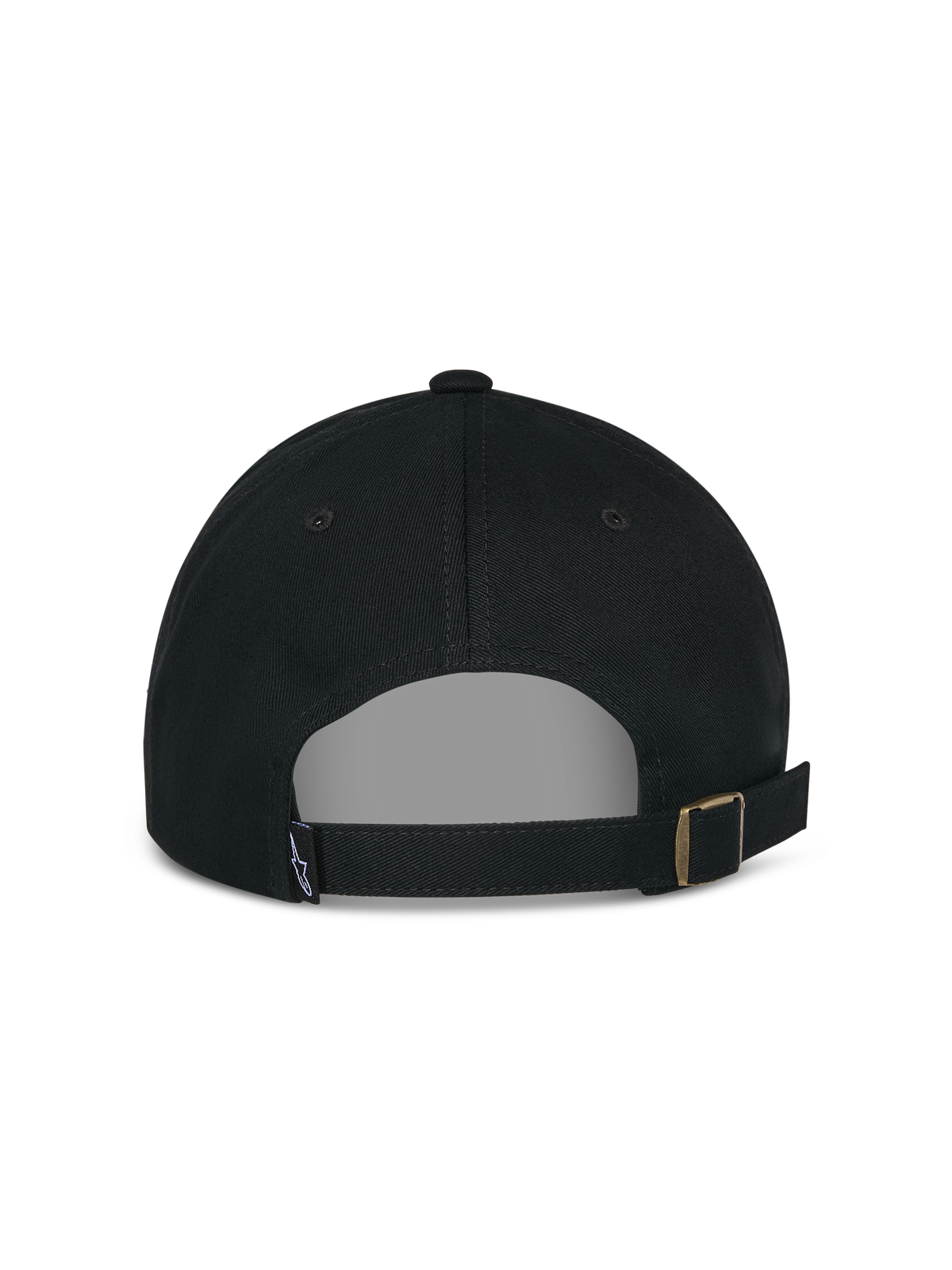Gorra Alpinestars Deduce Strapback, negra, vista trasera con cierre de correa ajustable con hebilla metálica y pequeña etiqueta con el logo, gorra casual de sarga de algodón