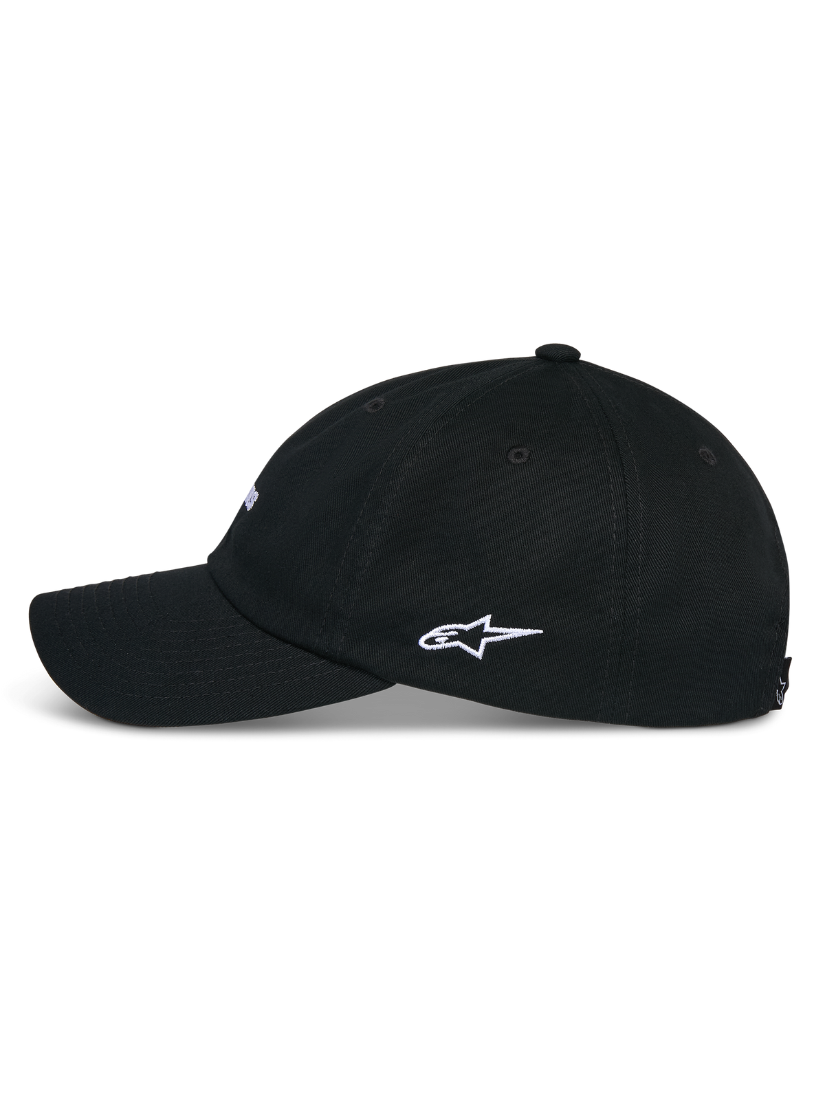 Alpinestars Deduce Strapback Hat, negra, vista de perfil lateral que muestra la visera curva y el bordado blanco del logo lateral Astars, gorra casual de sarga de algodón