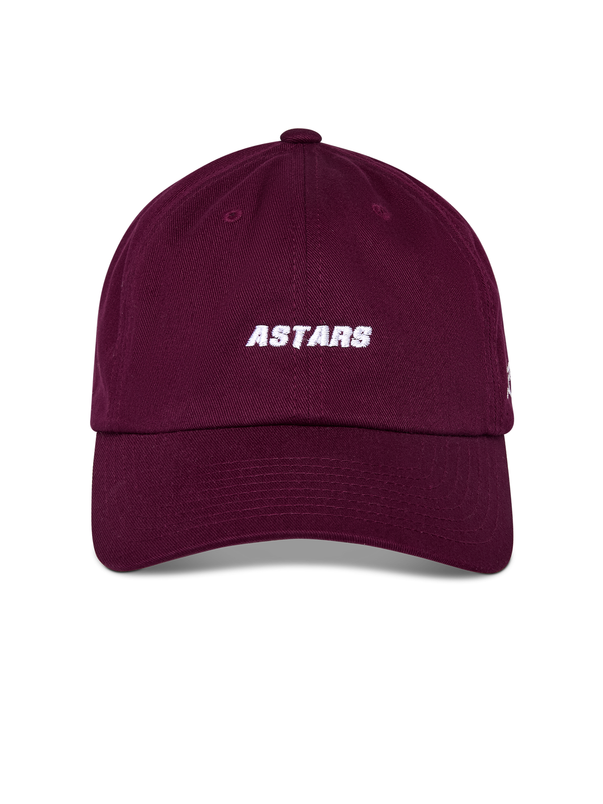 Gorra Alpinestars Deduce Strapback, color granate, bordado blanco frontal ASTARS, visera curva con corona baja no estructurada, accesorio de estilo deportivo casual