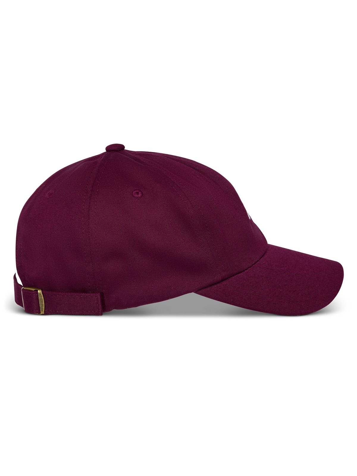 Gorra Alpinestars Deduce Strapback, color granate, vista lateral, visera curva con corona baja no estructurada, correa trasera ajustable de tela con hebilla metálica, estilo deportivo casual de sarga de algodón