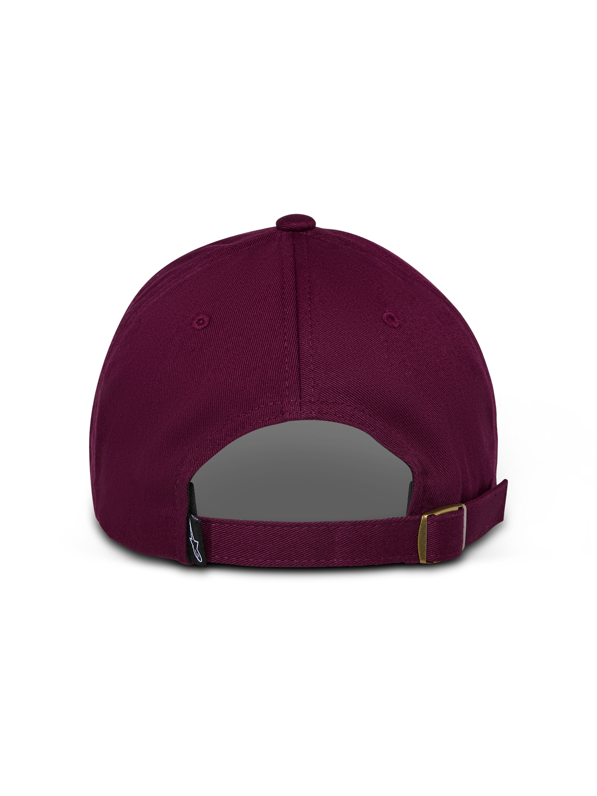 Gorra Alpinestars Deduce Strapback, burdeos, vista trasera que muestra el cierre de correa ajustable y una pequeña etiqueta con el logo, sarga de algodón no estructurada, ropa deportiva casual