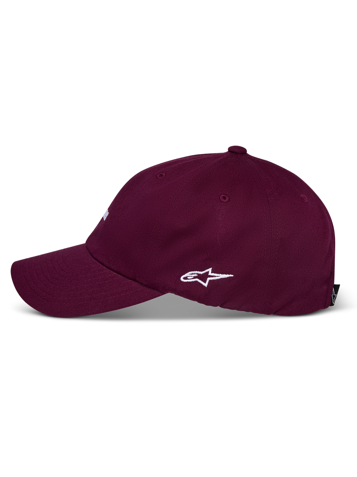 Gorra Alpinestars Deduce Strapback, color borgoña, vista de perfil lateral con logotipo de Astars bordado en blanco, visera curva, corona baja no estructurada, accesorio informal de sarga de algodón