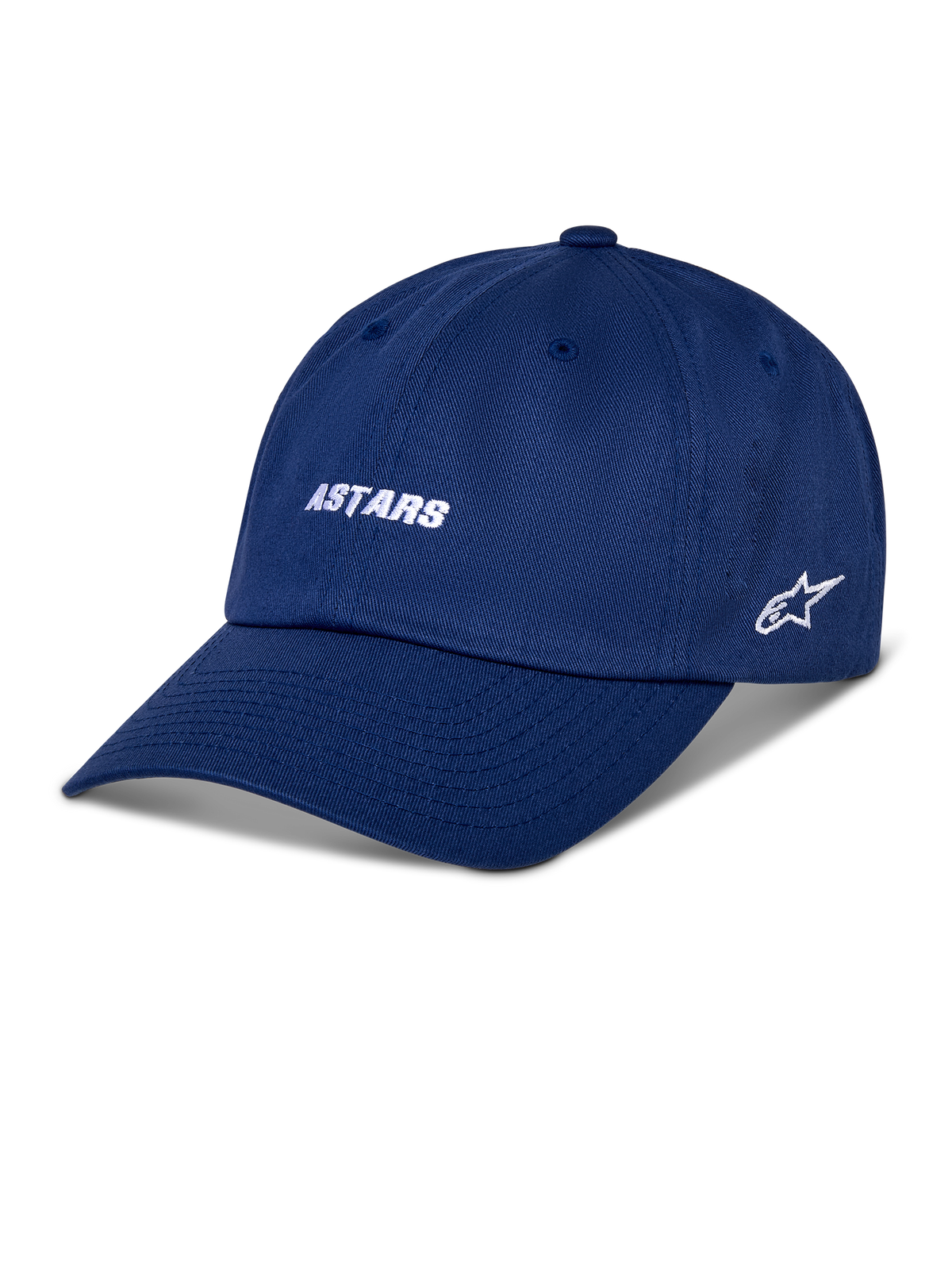 Gorra Alpinestars Deduce Strapback, gorra de béisbol azul, marca ASTARS y logotipo de estrella lateral bordados en blanco, visera curva, estilo casual motorsport streetwear