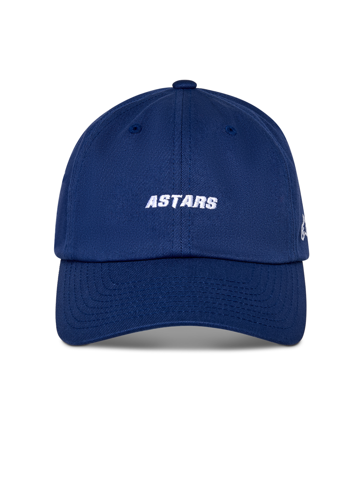 Gorra Alpinestars Deduce Strapback, gorra deportiva azul, bordado blanco de la palabra ASTARS en el frontal, visera curva, corona baja no estructurada, diseño casual inspirado en el automovilismo