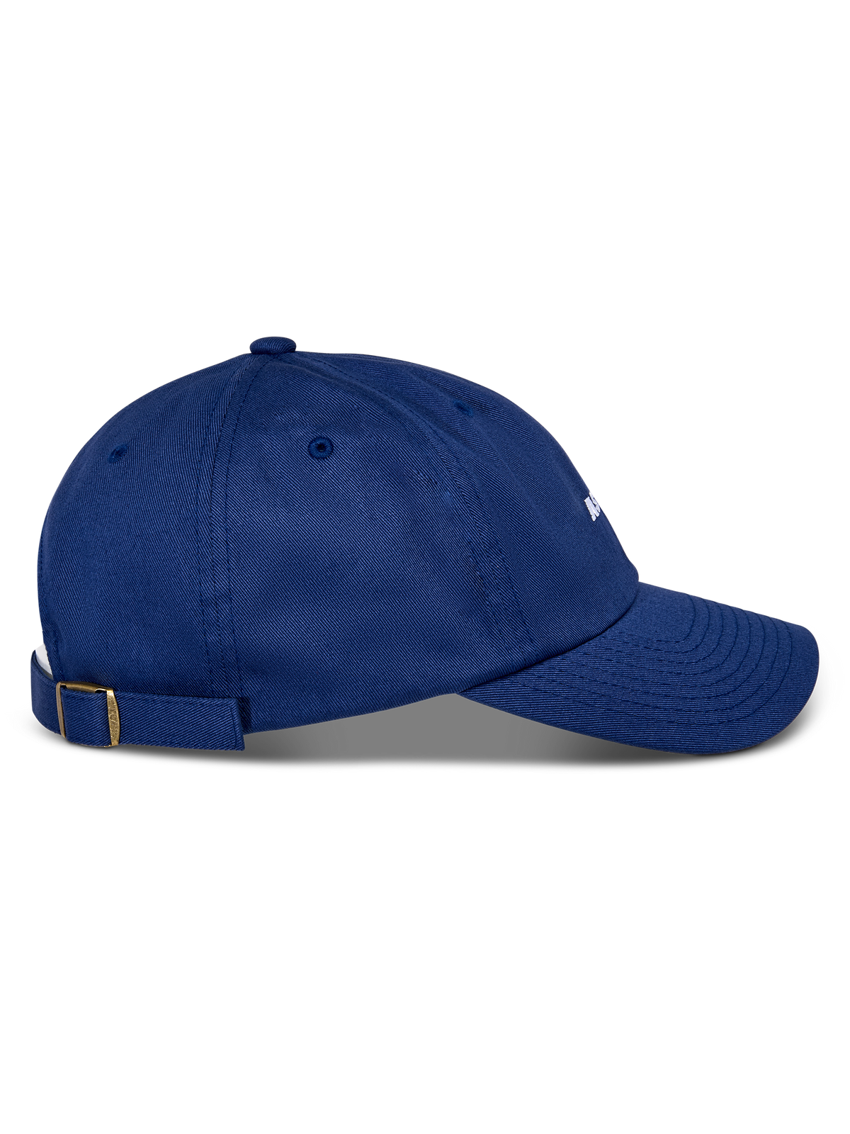 Gorra Alpinestars Deduce Strapback, azul, vista de perfil lateral, visera curva, cierre ajustable con hebilla de latón, confección en sarga de algodón, accesorio casual con marca bordada en blanco