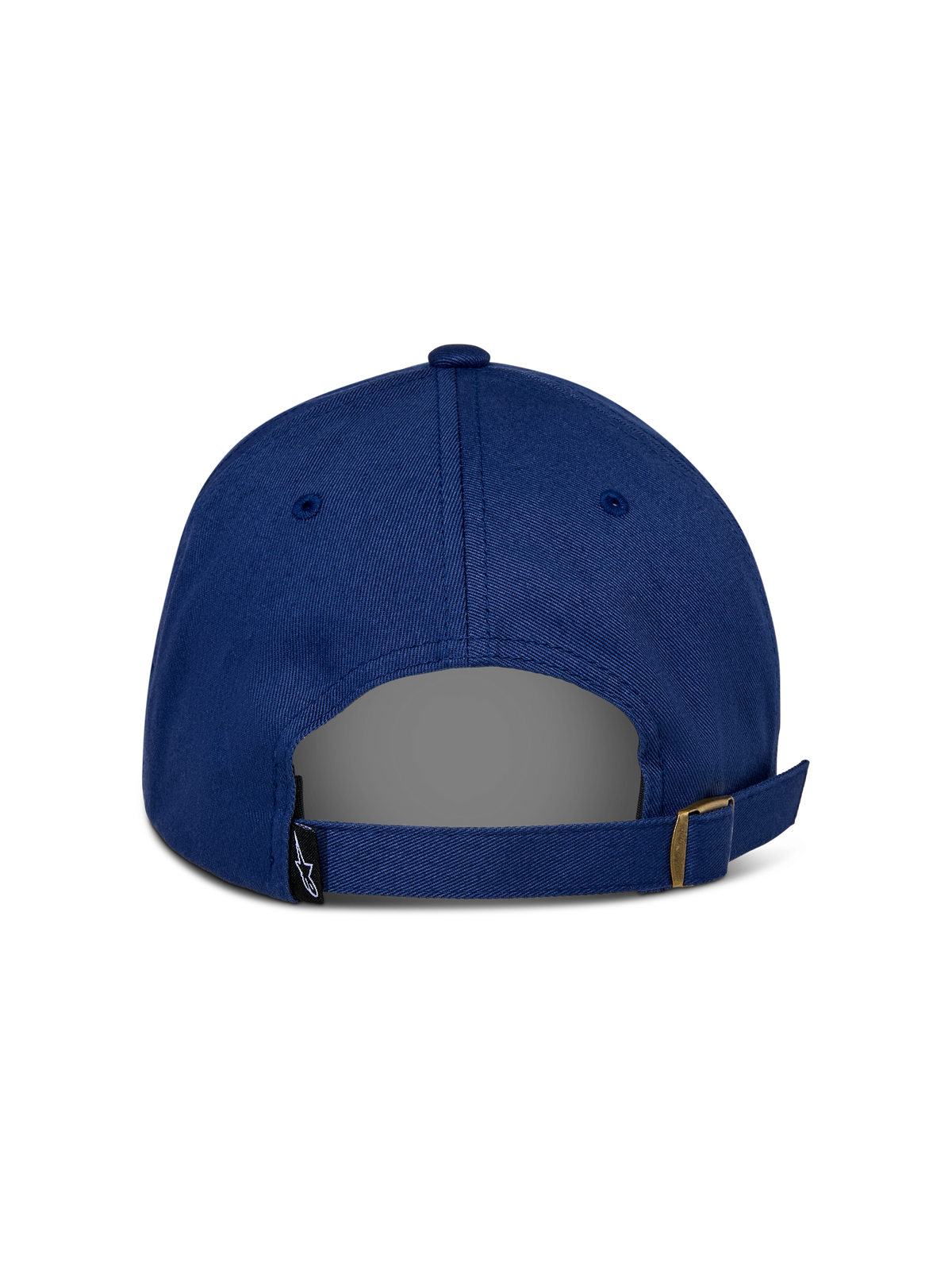 Gorra Alpinestars Deduce Strapback, azul, vista trasera que muestra el cierre de correa ajustable con hebilla metálica, pequeña etiqueta negra con el logo de Astars, construcción casual en sarga de algodón
