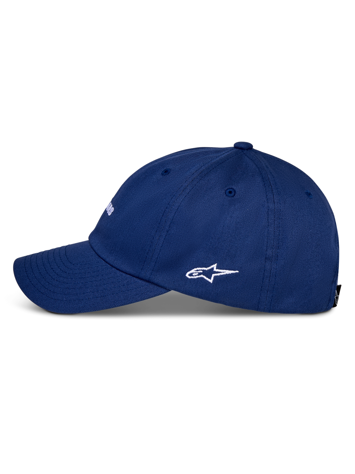 Gorra Alpinestars Deduce Strapback, azul, vista de perfil lateral con visera curva y logotipo Astars bordado en blanco, confección en sarga de algodón, ropa deportiva casual